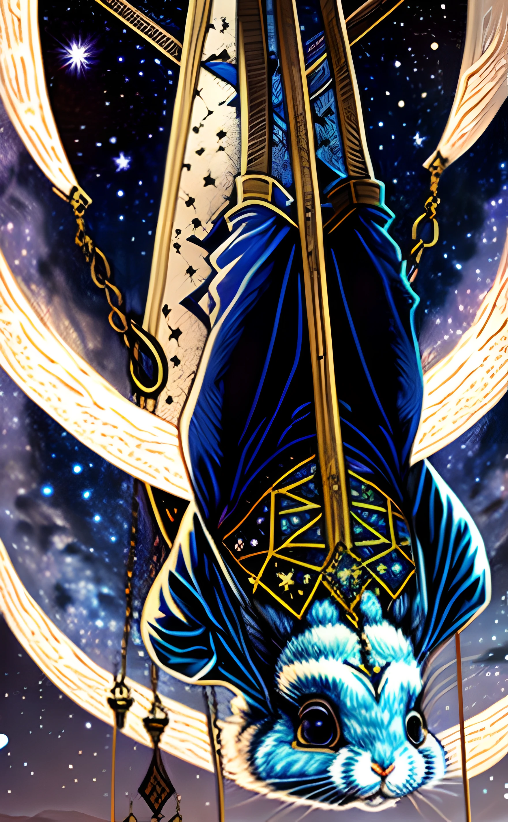 The Hanged Man
"A rabbit suspended upside-down, an expression of serene surrender on its face. The eerie night sky studded with stars forms the backdrop."