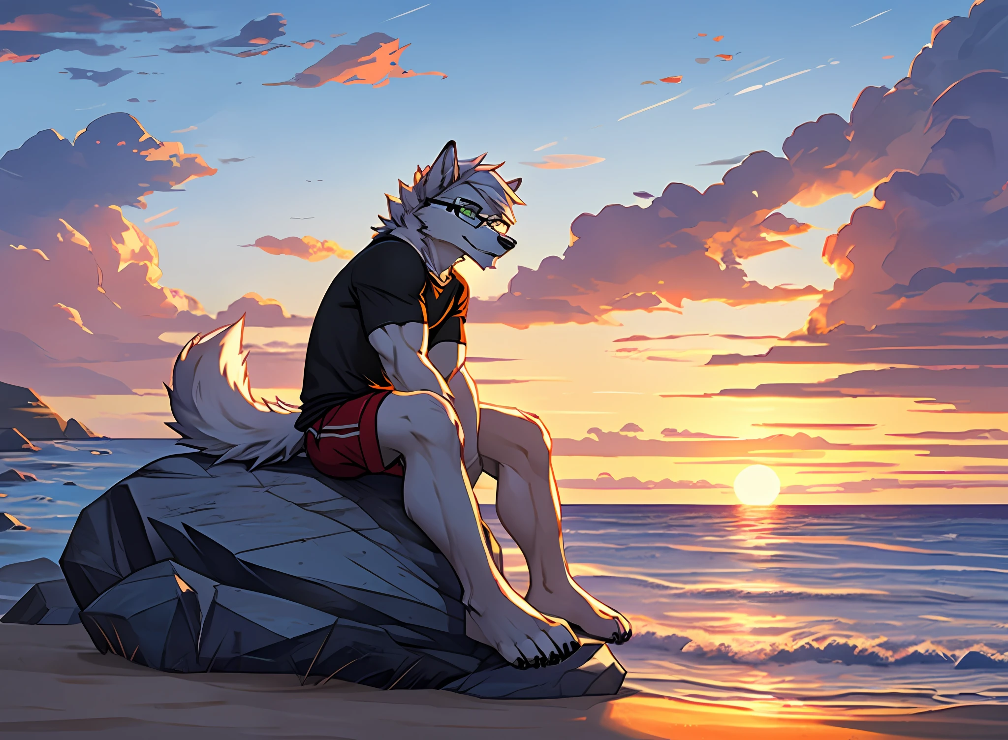 A lone (((white))) arctic wolf sits on a rock on the beach, his dark green eyes staring at the sunset. His white fur and dark t-shirt sway in the breeze. He is wearing glasses. 1boy,male, athletic, athletic body, 4k, Realistic, Masterpiece, white colored hair