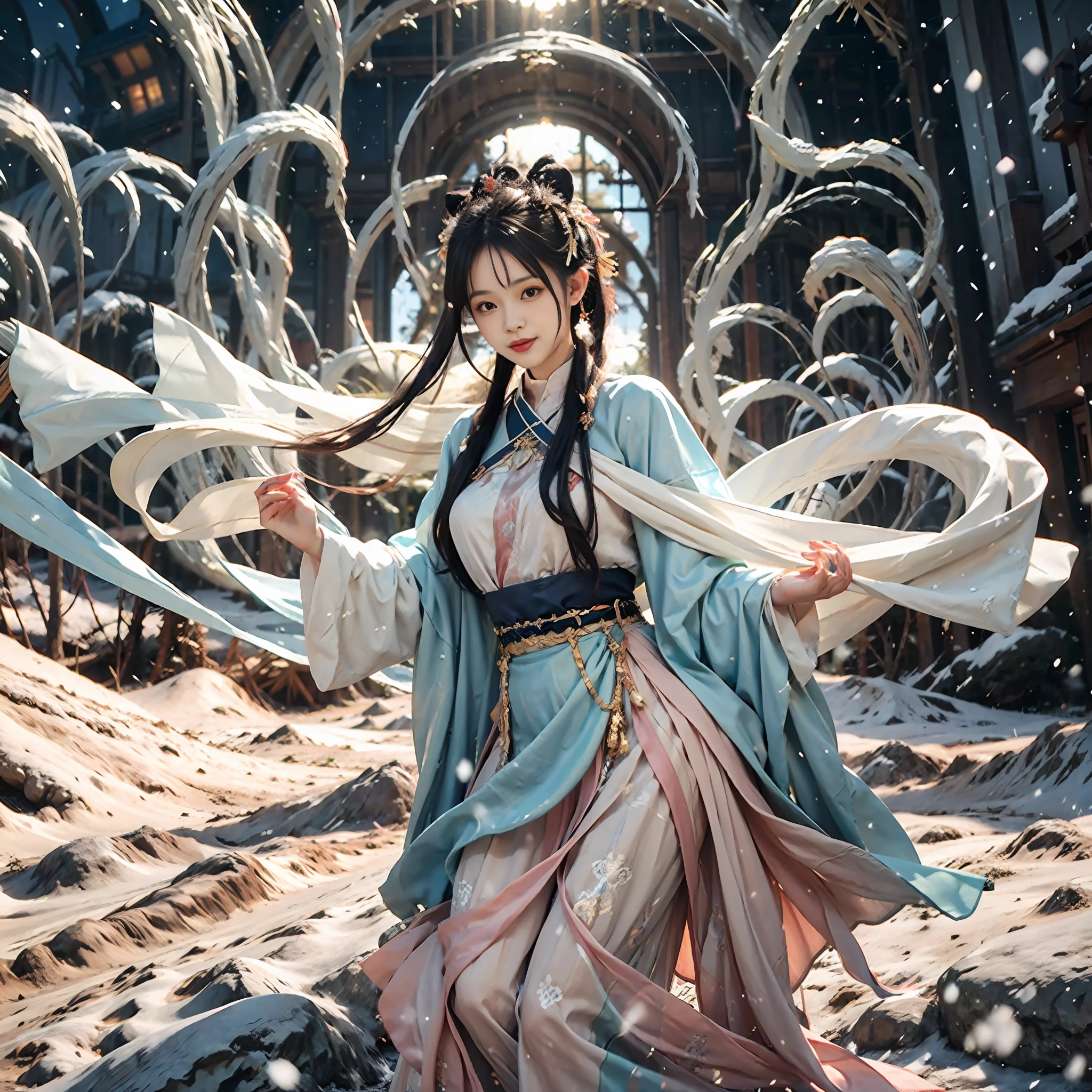Vast landscape photo, above is the sky in the middle is the snow mountain below, a girl standing on the snow looking up, exquisite background, winter, snow mountain, BREAK making art, (cold light source: 1.2), intricate details, volumetric lighting BREAK (Masterpiece: 1.2), (Best Quality), 4k, Ultra Detailed, (Dynamic Composition: 1.4), Rich Detail, (Solo: 1.2), Blush, Extra Lots of Details, Delicate Hair, Messy Hair, Smile, Hanfu, Slip Dress, Perfect Hand, Right Hand, Sapphire Pendant, Blue Pupil, Ice Mage, Snowscape, Snow, Snowflake, Glacier, Arctic, Blue Crystal, Lots of Blue White, Dreamy, Mythical, Perfect Cloud, Legs Exposed, Bare Feet, Thighs Exposed,