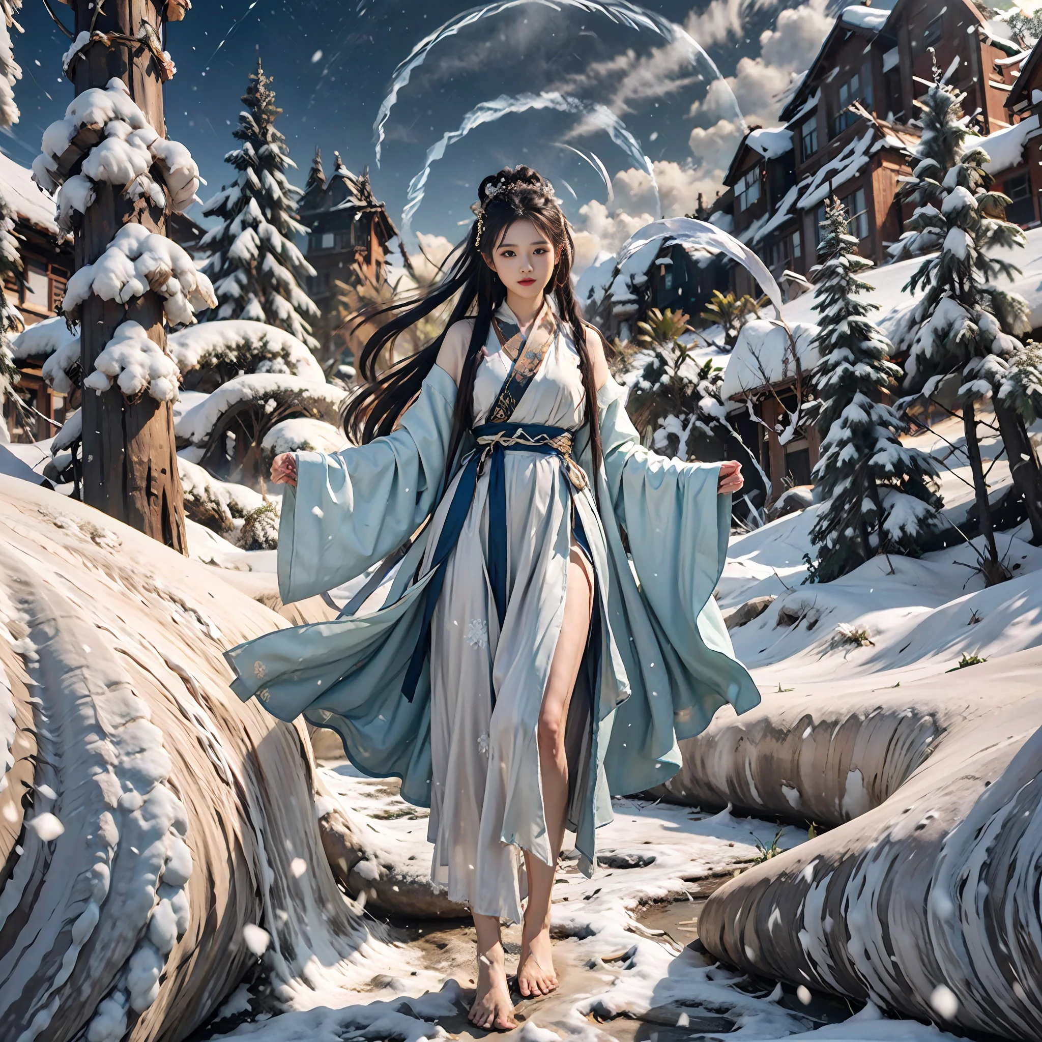 Vast landscape photo, above is the sky in the middle is the snow mountain below, a girl standing on the snow looking up, exquisite background, winter, snow mountain, BREAK making art, (cold light source: 1.2), intricate details, volumetric lighting BREAK (Masterpiece: 1.2), (Best Quality), 4k, Ultra Detailed, (Dynamic Composition: 1.4), Rich Detail, (Solo: 1.2), Blush, Extra Lots of Details, Delicate Hair, Messy Hair, Smile, Hanfu, Slip Dress, Perfect Hand, Right Hand, Sapphire Pendant, Blue Pupil, Ice Mage, Snowscape, Snow, Snowflake, Glacier, Arctic, Blue Crystal, Lots of Blue White, Dreamy, Mythical, Perfect Cloud, Legs Exposed, Bare Feet, Thighs Exposed,
