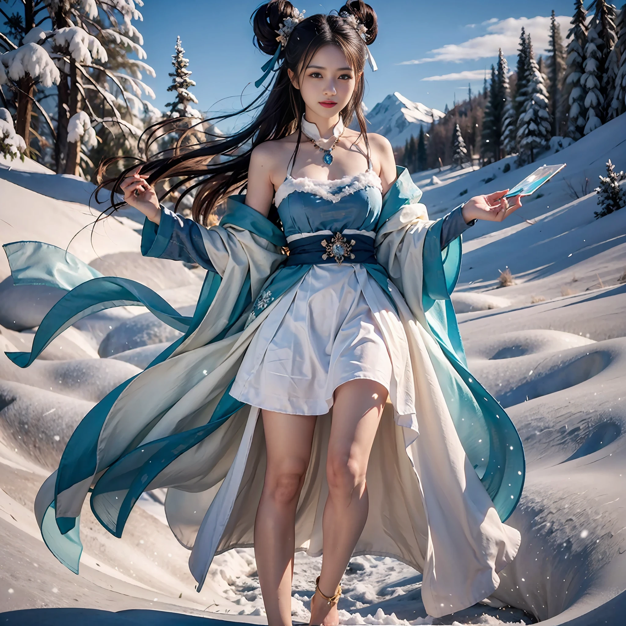Vast landscape photo, above is the sky in the middle is the snow mountain below, a girl standing on the snow looking up, exquisite background, winter, snow mountain, BREAK making art, (cold light source: 1.2), intricate details, volumetric lighting BREAK (Masterpiece: 1.2), (Best Quality), 4k, Ultra Detailed, (Dynamic Composition: 1.4), Rich Detail, (Solo: 1.2), Blush, Extra Lots of Details, Delicate Hair, Messy Hair, Smile, Hanfu, Slip Dress, Perfect Hand, Right Hand, Sapphire Pendant, Blue Pupil, Ice Mage, Snowscape, Snow, Snowflake, Glacier, Arctic, Blue Crystal, Lots of Blue White, Dreamy, Mythical, Perfect Cloud, Legs Exposed, Bare Feet, Thighs Exposed,