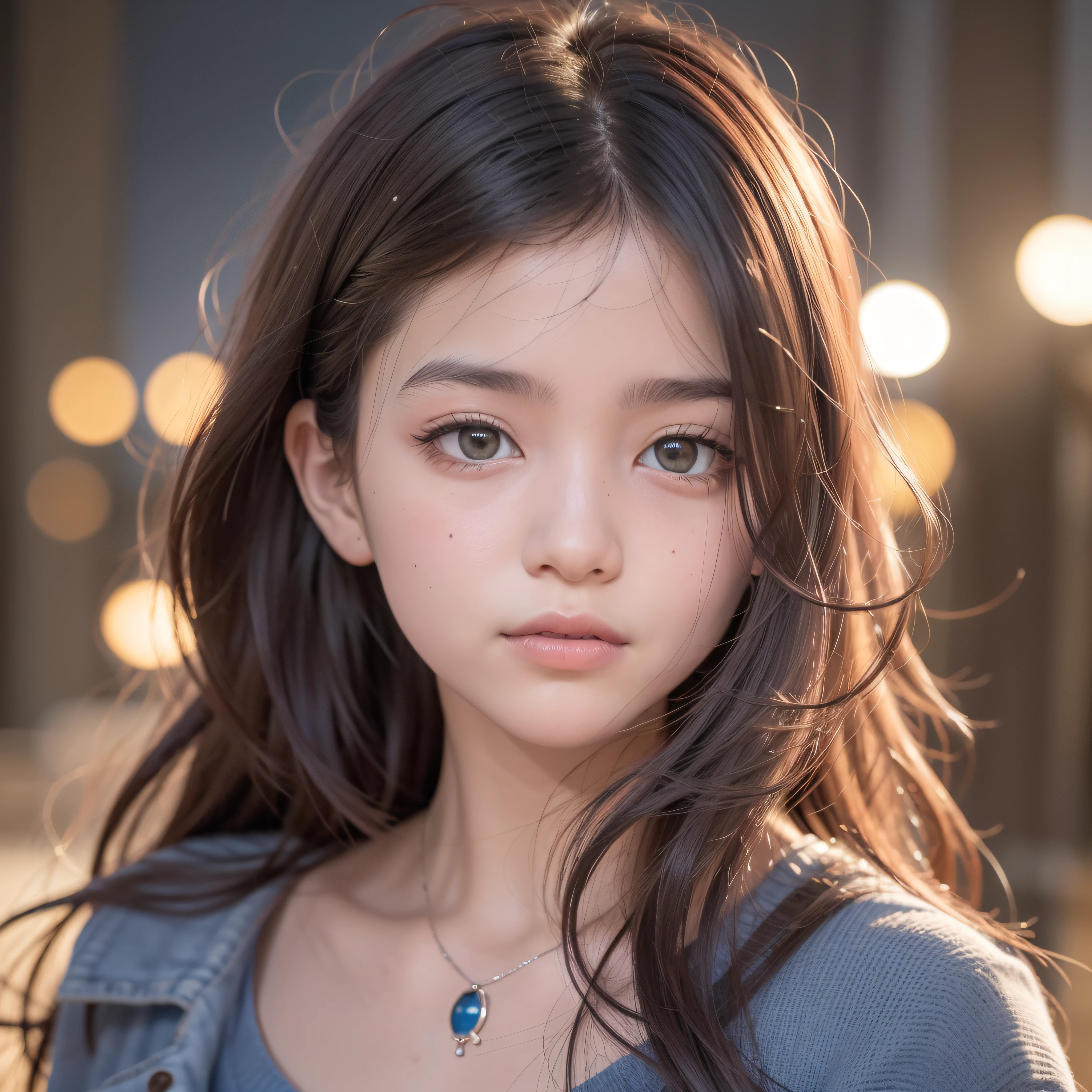 menina de 15 anos com cabelo branco longo cobrindo um dos olhos,com grandes olhos com iris vermelhas bem juntos horizontalmente ao nariz ,rosto com rosto no formato redondo, com bochechas rosadas, com jaqueta preta,de batom roxo,segurando uma esfera de energia azul ,com, in 100k resolution, In a blurred background of a city at night full of buildings illuminated with blue and red lights