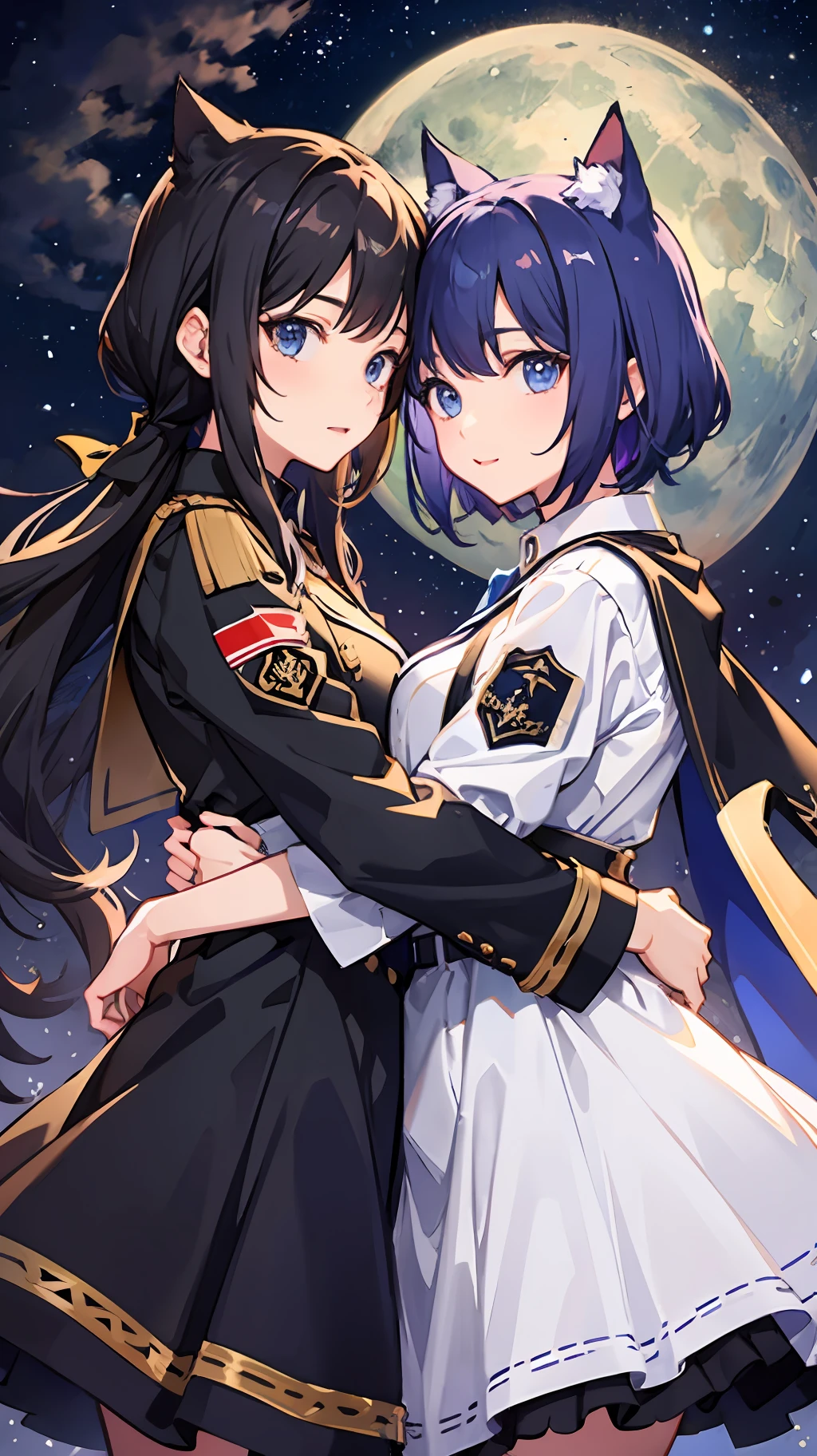 2 girls、 {{Master peace}}, {{{maximum quality}}}, {{Ultra-detail}}, {{illustration}}, short hair,Purple eyes,Black hair、military outfit、embracing each other、{{Master peace}}, short wavy hair, navy hair, black cat ear, Blue eyes、military outfit、embracing each other、Big moon in the background night sky、