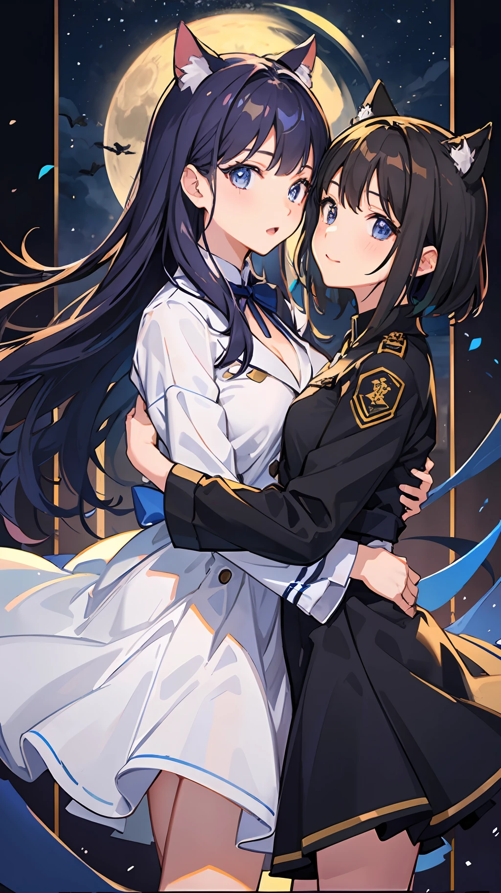 2 girls、 {{Master peace}}, {{{maximum quality}}}, {{Ultra-detail}}, {{illustration}}, short hair,Purple eyes,Black hair、military outfit、embracing each other、{{Master peace}}, short wavy hair, navy hair, black cat ear, Blue eyes、military outfit、embracing each other、Big moon in the background night sky、