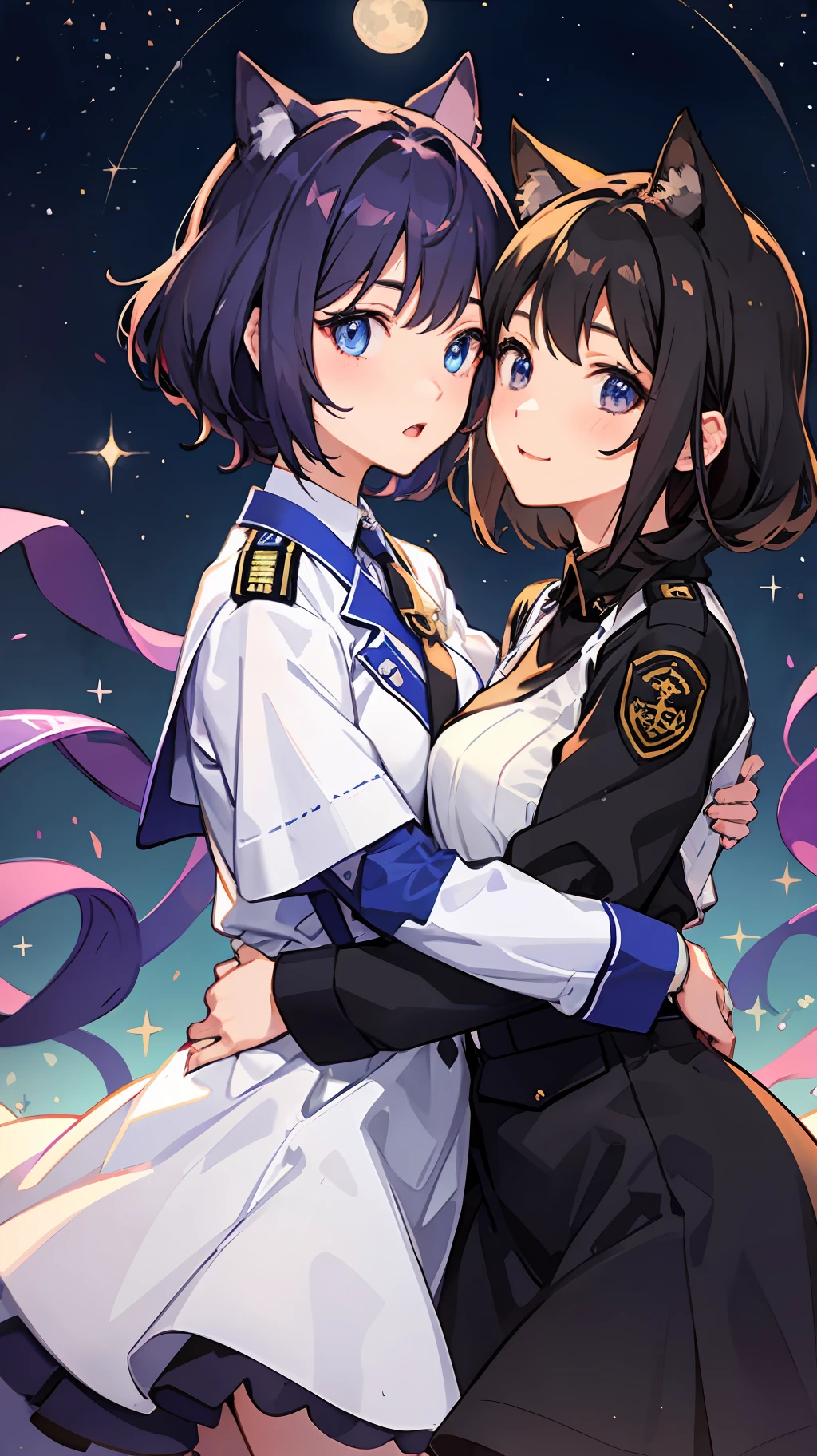 2 girls、 {{Master peace}}, {{{maximum quality}}}, {{Ultra-detail}}, {{illustration}}, short hair,Purple eyes,Black hair、military outfit、embracing each other、{{Master peace}}, short wavy hair, navy hair, black cat ear, Blue eyes、military outfit、embracing each other、Big moon in the background night sky、