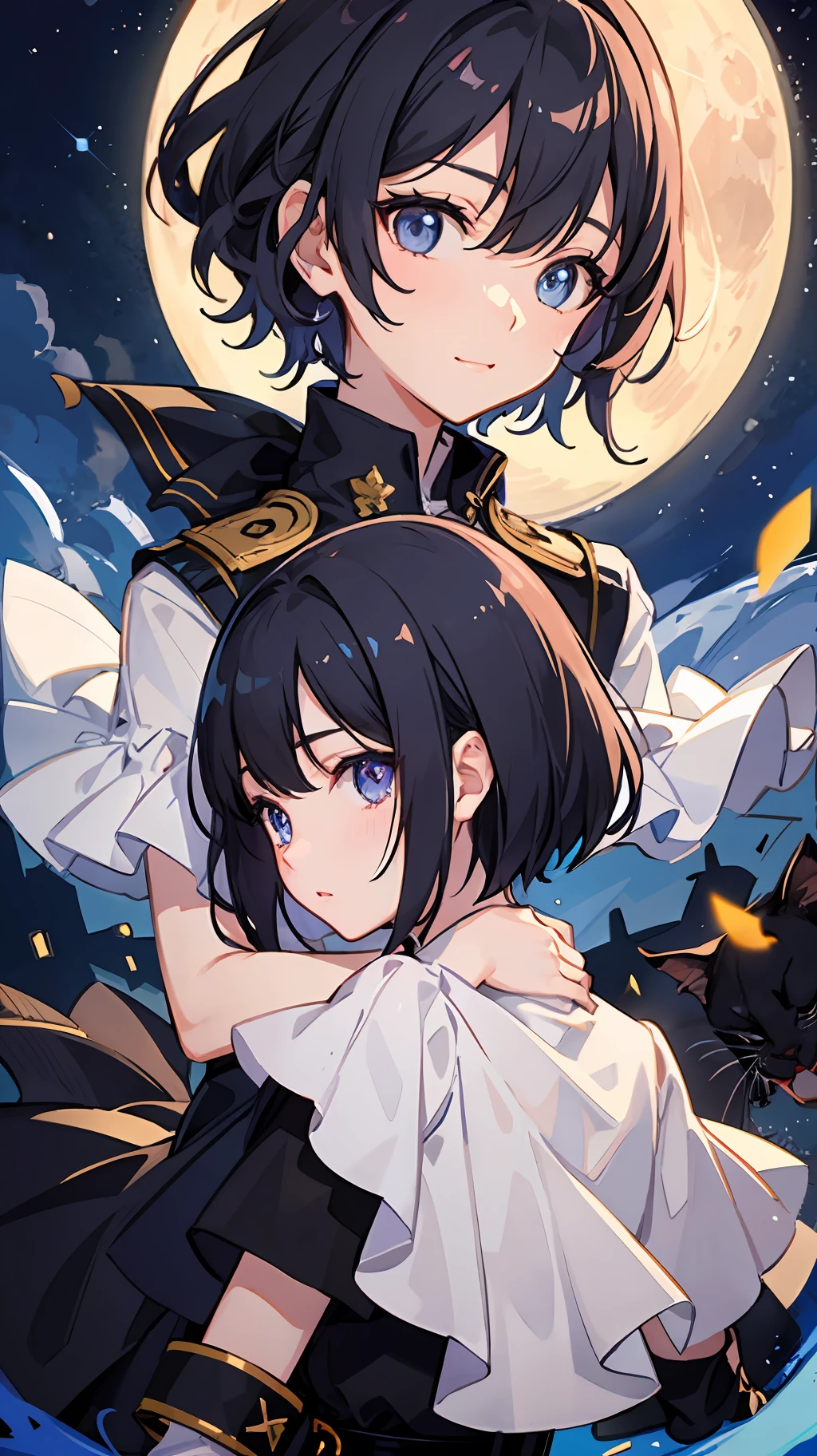 2 girls、 {{Master peace}}, {{{maximum quality}}}, {{Ultra-detail}}, {{illustration}}, short hair,Purple eyes,Black hair、military outfit、embracing each other、{{Master peace}}, short wavy hair, navy hair, black cat ear, Blue eyes、military outfit、embracing each other、Big moon in the background night sky、