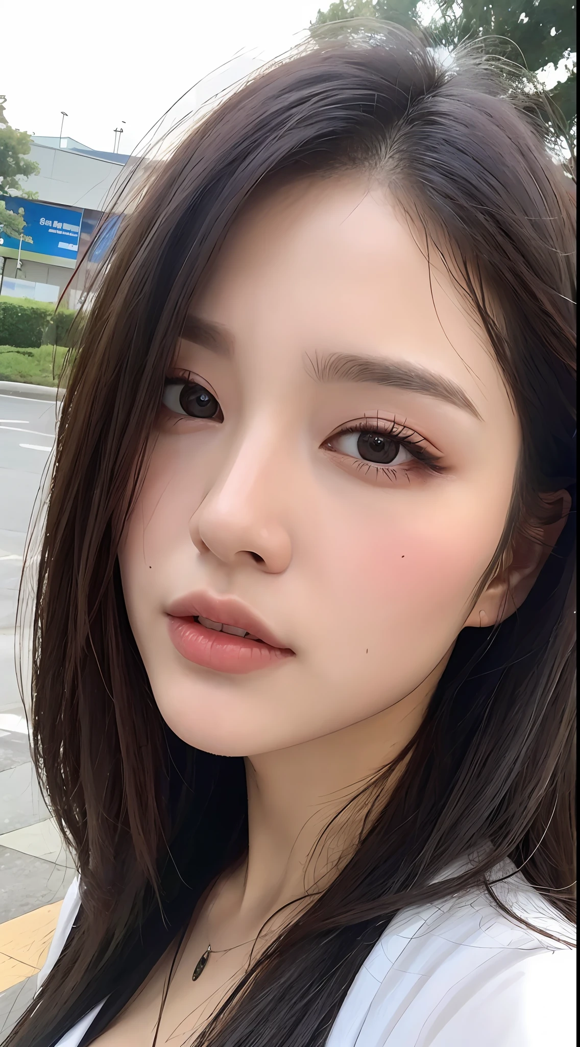 ((Best Quality, 8K, Masterpiece: 1.3)), Sharp: 1.2, Perfect Body Beauty: 1.4, Slim Abs: 1.2, ((Layered Hairstyle, Big Breasts: 1.2)), (Wet White Button Long Shirt: 1.1), (Rain, Street: 1.2), Wet: 1.5, Highly detailed face and skin texture, detailed eyes, double eyelids, side face looking at the camera