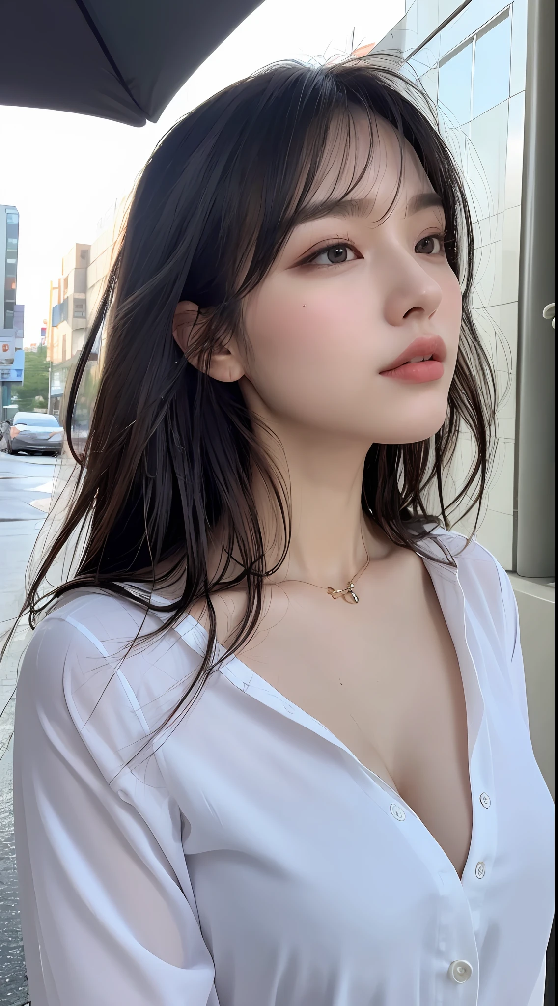 ((Best Quality, 8K, Masterpiece: 1.3)), Sharp: 1.2, Perfect Body Beauty: 1.4, Slim Abs: 1.2, ((Layered Hairstyle, Big Breasts: 1.2)), (Wet White Button Long Shirt: 1.1), (Rain, Street: 1.2), Wet: 1.5, Highly detailed face and skin texture, detailed eyes, double eyelids, side face looking at the camera