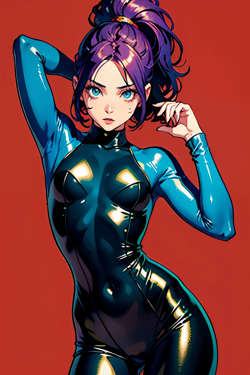 In the center of the frame, a mysterious girl in the style of 80s anime appears on a red background. Her purple hair contrasts vividly with the colors around her. Her slim body and flat background accentuate her elegance and grace.
The girl is dressed in a sexy latex bodysuit, giving it mystery and strength. Her skin looks wet, It's like she's just come out of the water, adding an unusual and attractive image to it. Its small height only emphasizes its tenderness and fragility, but does not take away from its charm.