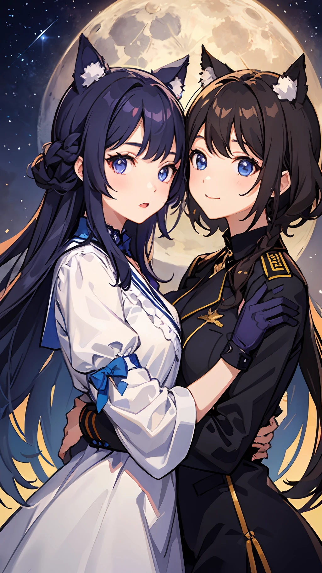 2 girls、 {{Master peace}}, {{{maximum quality}}}, {{Ultra-detail}}, {{illustration}}, short hair,Purple eyes,Black hair、military outfit、embracing each other、{{Master peace}}, short wavy hair, navy hair, black cat ear, Blue eyes、military outfit、embracing each other、Big moon in the background night sky、