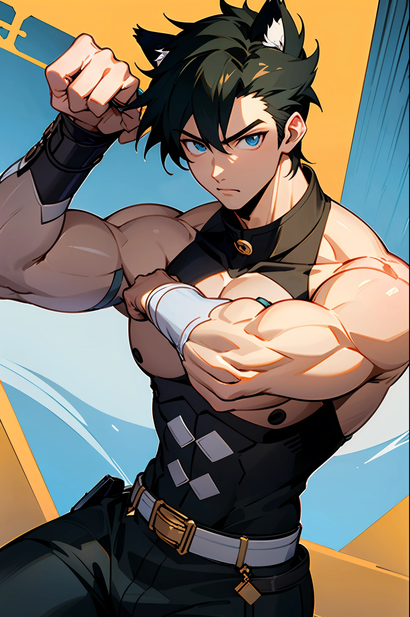 anime guy with cat ears and a harness on his chest, muscled!!, Handsome anime pose, mokoto shinkai ( apex legends ), Tall anime guy with blue eyes, male anime character, fluffy chest, Anime handsome man, most strongest pose, shoulders can be seen, muscled!, New Xiangcheng, handsome guy in demon slayer art, Shirtless