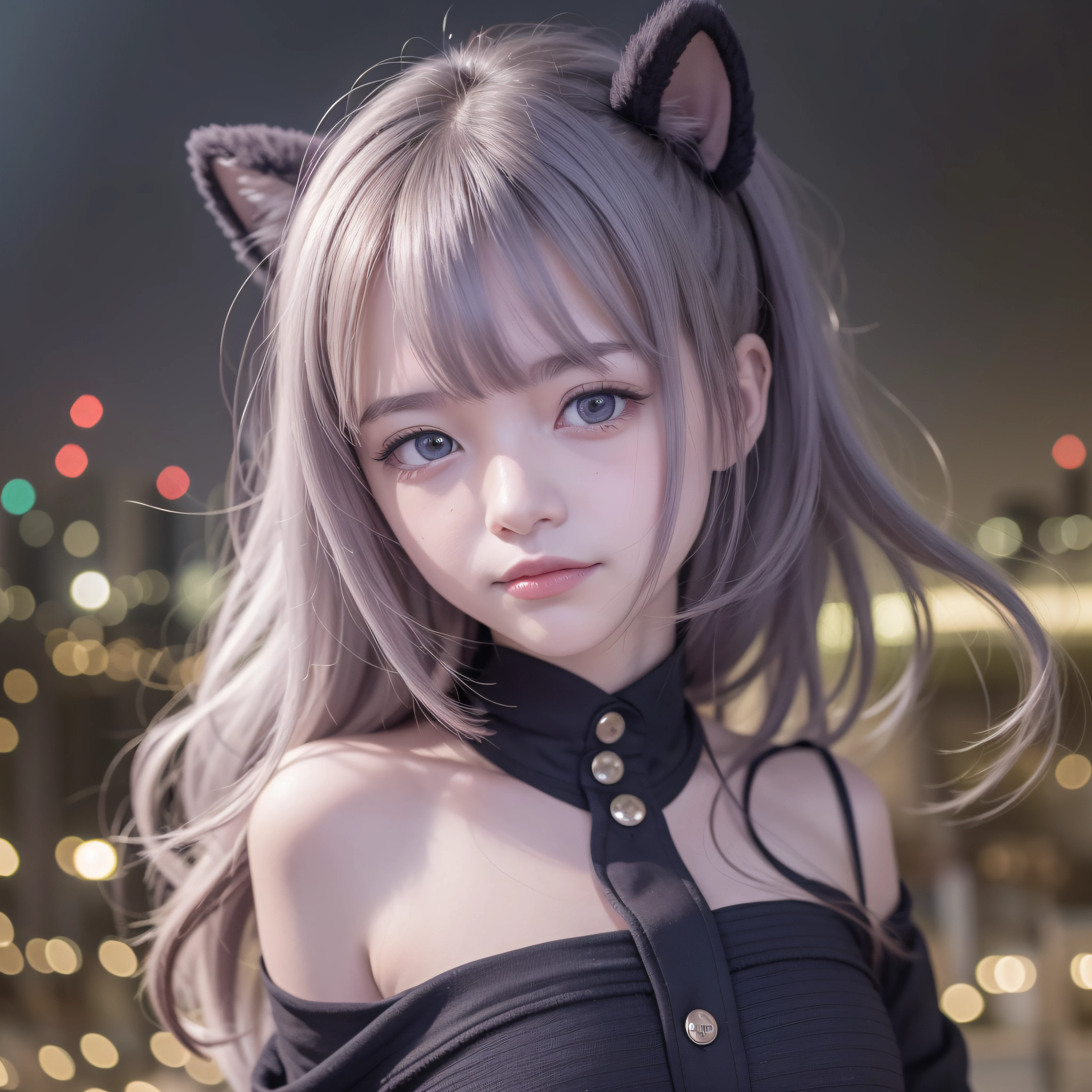 menina de 10 anos com cabelo branco longo cobrindo um dos olhos,com grandes olhos com iris vermelhas bem juntos horizontalmente ao nariz ,rosto com rosto no formato redondo, com bochechas rosadas, com jaqueta preta,blusa preta,de batom roxo,segurando uma esfera de energia azul ,with an evil smile, in 100k resolution, In a blurred background of a city at night full of buildings illuminated with blue and red lights