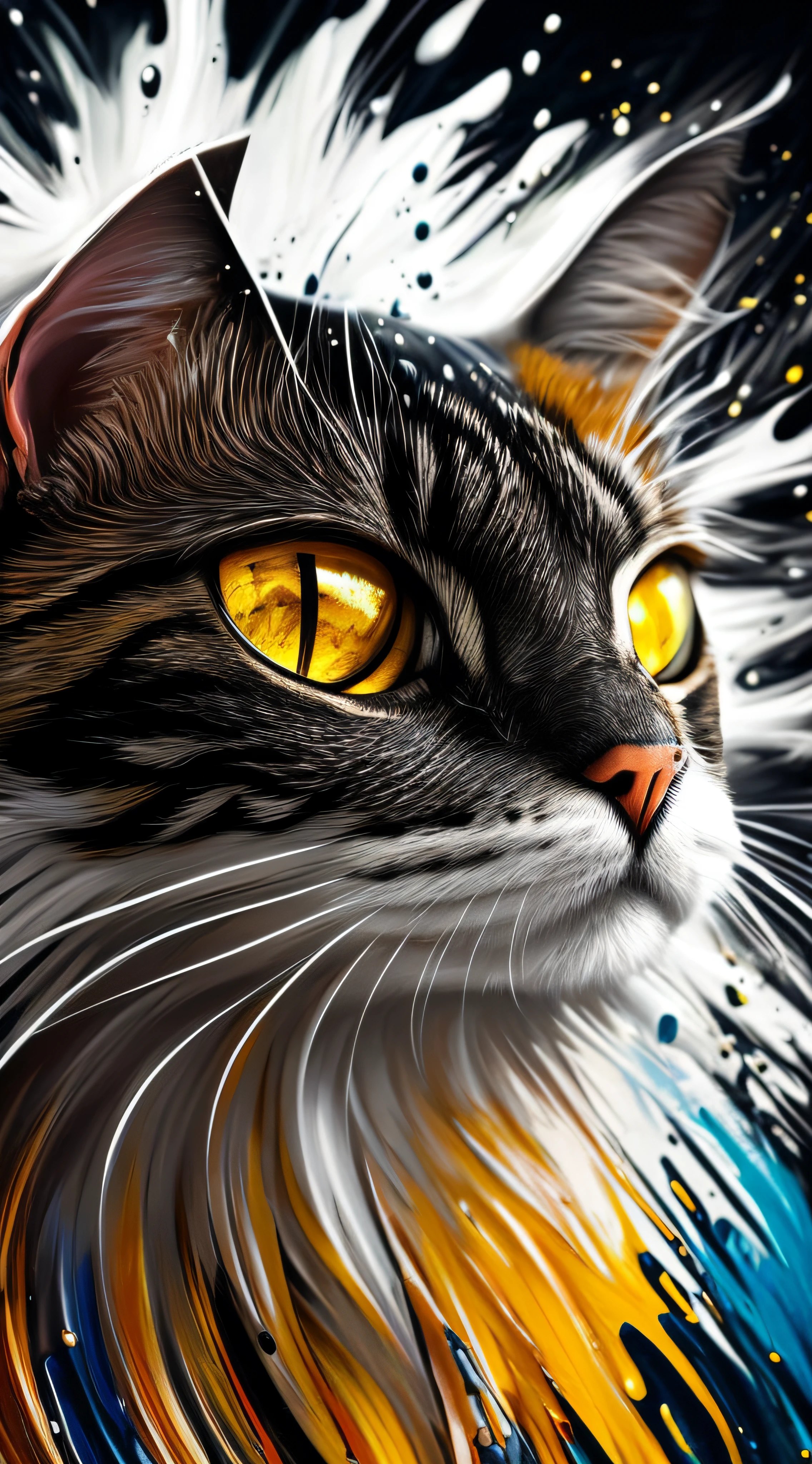 3d Splash art, a cat head, ((white background)), roaring, epic Instagram, artstation, splash style of colorful paint, contour, hyperdetailed intricately detailed , unreal engine, fantastical, intricate detail, splash screen, complementary colors, fantasy concept art, 16k resolution, deviantart masterpiece, oil painting, heavy strokes, paint dripping, splash arts --auto