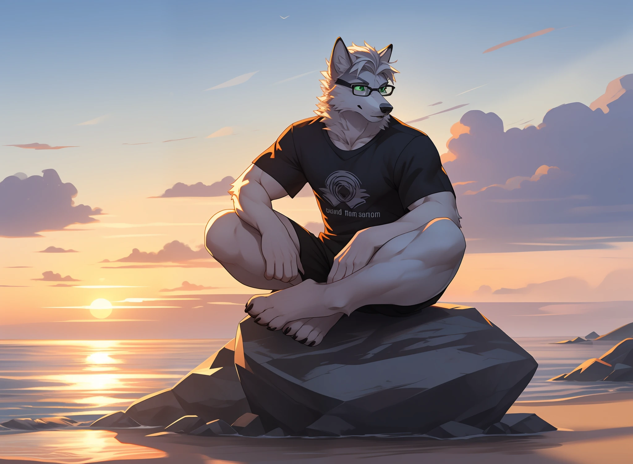 A lone (((white))) arctic wolf sits on a rock on the beach, his dark green eyes staring at the sunset. His white fur and dark t-shirt sway in the breeze. He is wearing glasses. 1boy,male, athletic, athletic body, 4k, Realistic, Masterpiece, white colored hair