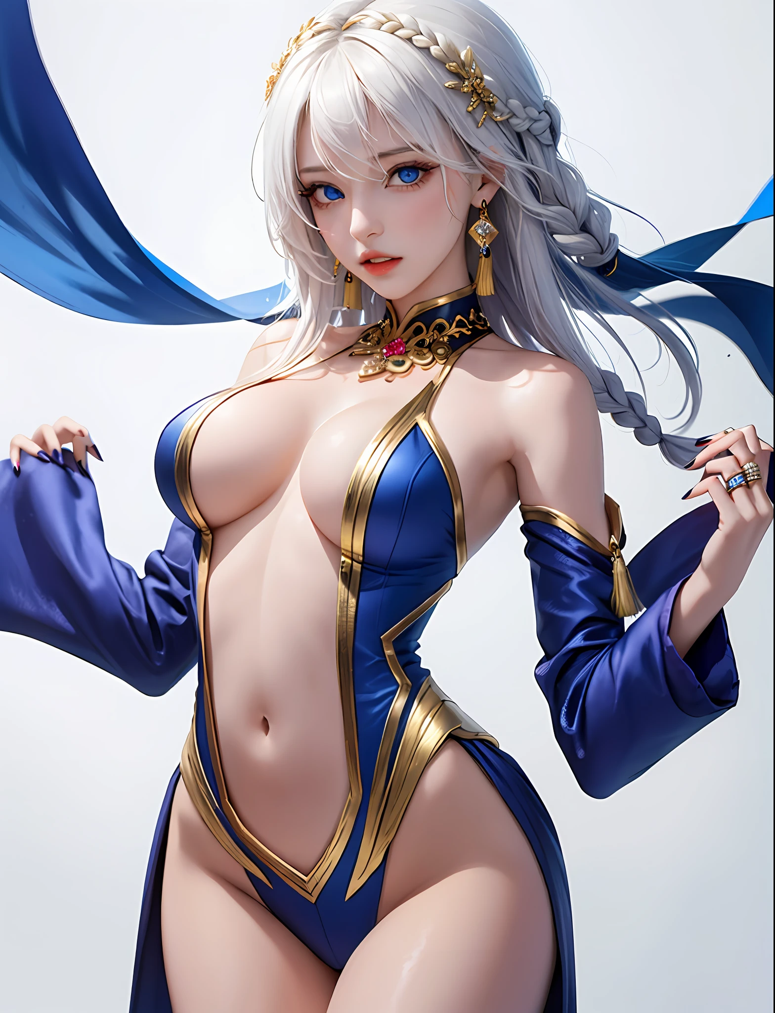1girl, solo, white hair, long hair, braid, hair over one eye, blue eyes, large breasts, (hands on own chest, parted lips:1.2), thigh gap, (bodysuit), bare shoulders, navel, puffy long sleeves, wide sleeves, cleavage, (underboob:1.2), (hip vent:1.2), partially fingerless gloves, blue nails, nail polish, ring, hair ornament, jewelry, (tassel), tassel earrings, (gold trim), cowboy shot, white background,, masterpiece, best quality,