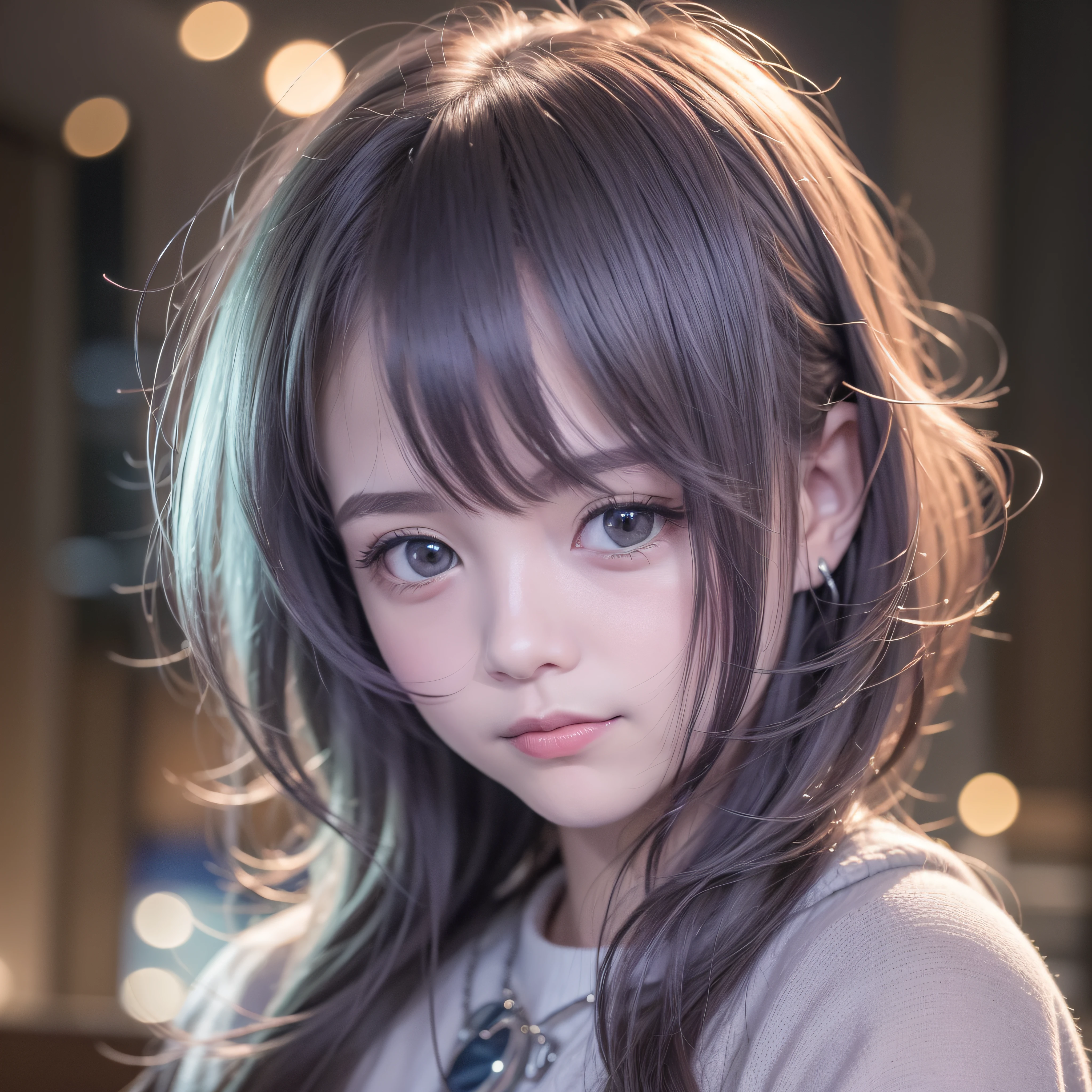 menina de 12 anos com cabelo branco longo cobrindo um dos olhos,com grandes olhos com iris vermelhas bem juntos horizontalmente ao nariz ,rosto com rosto no formato redondo, com bochechas rosadas, com jaqueta preta,blusa preta,de batom roxo,segurando uma esfera de energia azul ,with an evil smile, in 100k resolution, In a blurred background of a city at night full of buildings illuminated with blue and red lights
