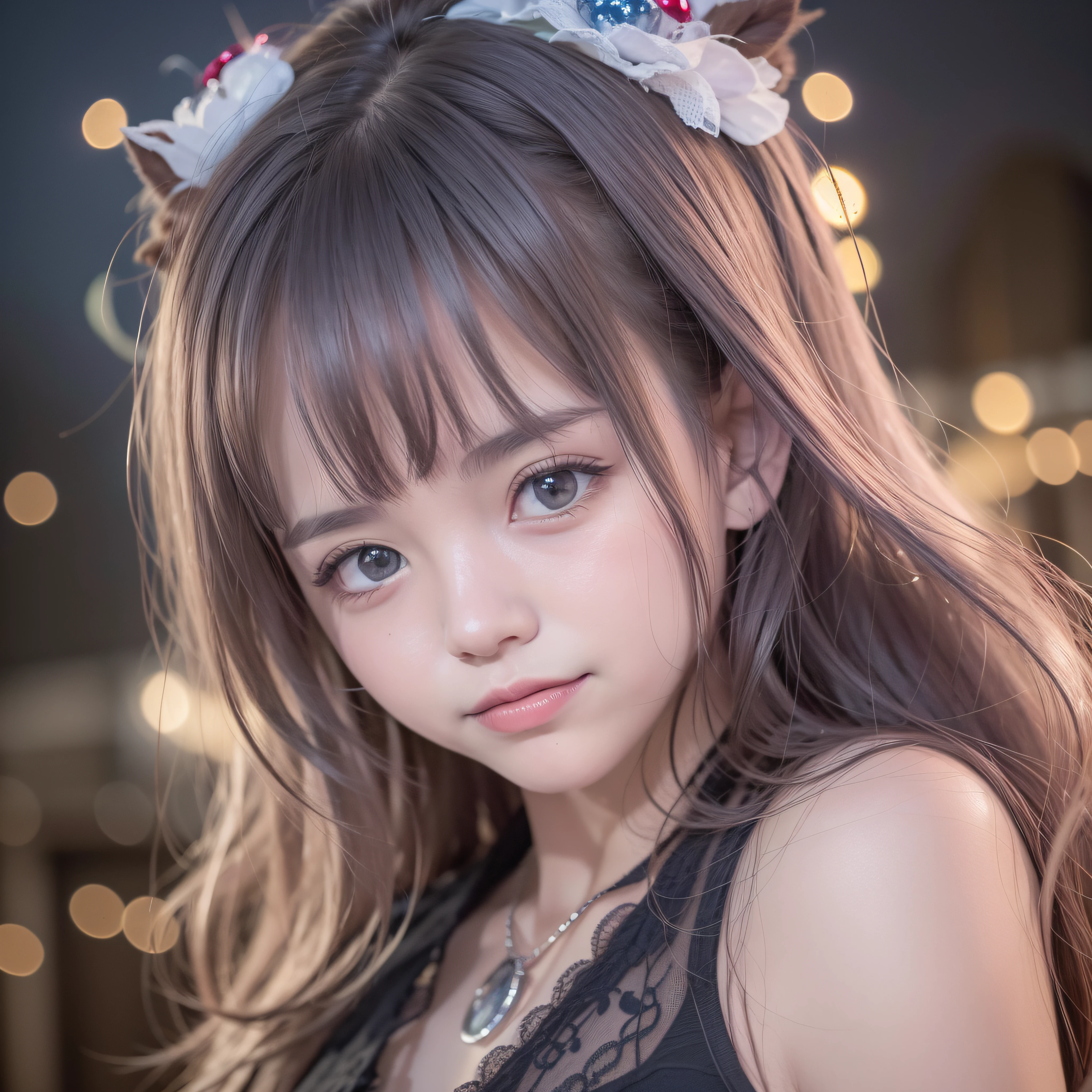 menina de 12 anos com cabelo branco longo cobrindo um dos olhos,com grandes olhos com iris vermelhas bem juntos horizontalmente ao nariz ,rosto com rosto no formato redondo, com bochechas rosadas, com jaqueta preta,blusa preta,de batom roxo,segurando uma esfera de energia azul ,with an evil smile, in 100k resolution, In a blurred background of a city at night full of buildings illuminated with blue and red lights