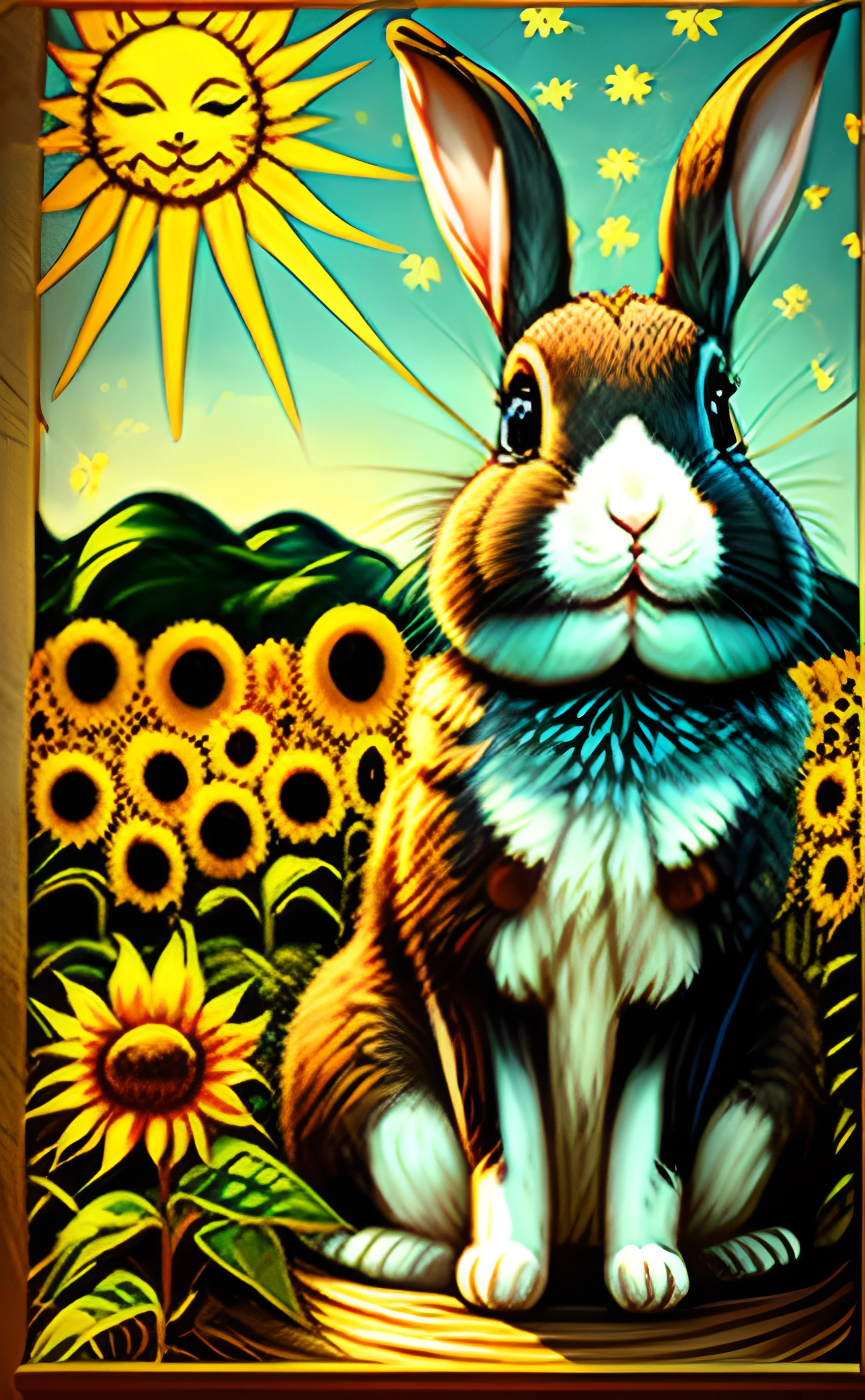 The Sun (太陽)
"A joyful rabbit basking under a large, slightly eerie sun, while frolicking in a sunflower field that seems to whisper tales of yore."