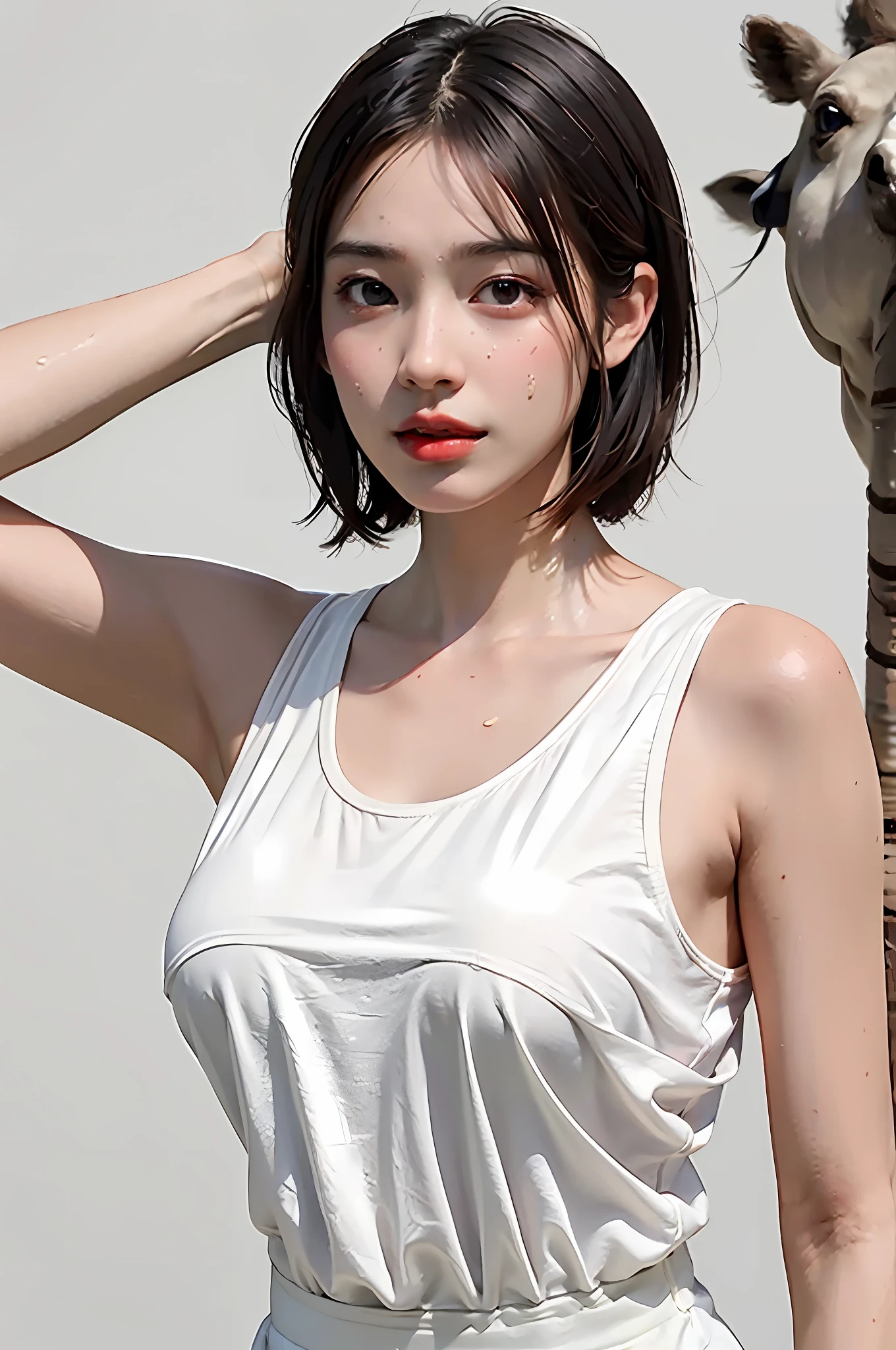 (Ultra Real), (Illustration), (High Resolution), (8K), (Very Detailed), (Best Illustration), (Beautiful Detailed Eyes), (Best Quality), (Ultra Detailed), (Masterpiece), (Wallpaper), (Detailed Face), Droopy Eyes, Sweaty, Upper Body Up, Armpits, Short Hair, Inner Color, Solo, Simple White Tank Top Girl, Japan Person, Big Tits, (Camel Toe)