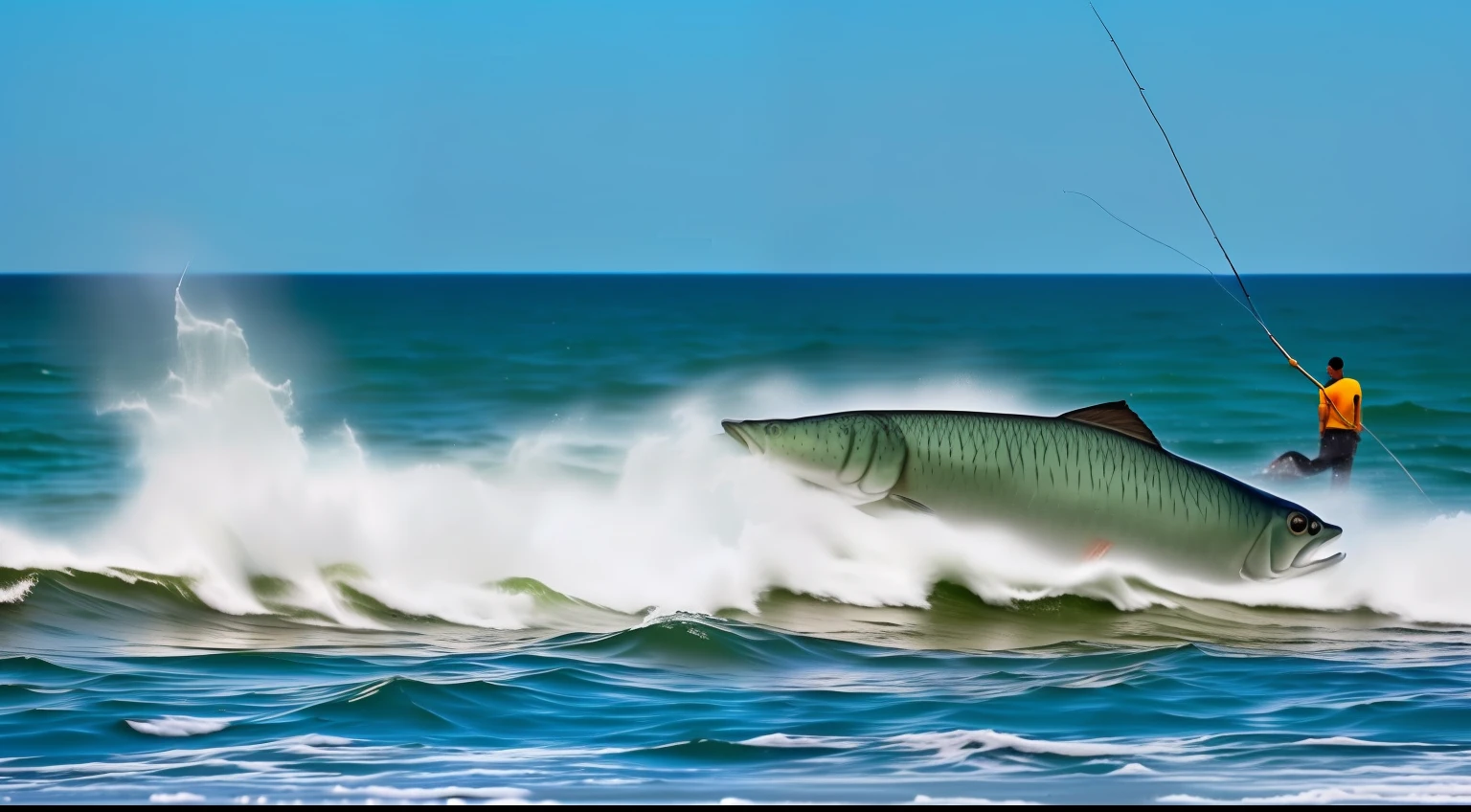 jovem pescador, pescando peixe, parte de cima do corpo, hiper detalhes, mar ao fundo, imagens ludicas