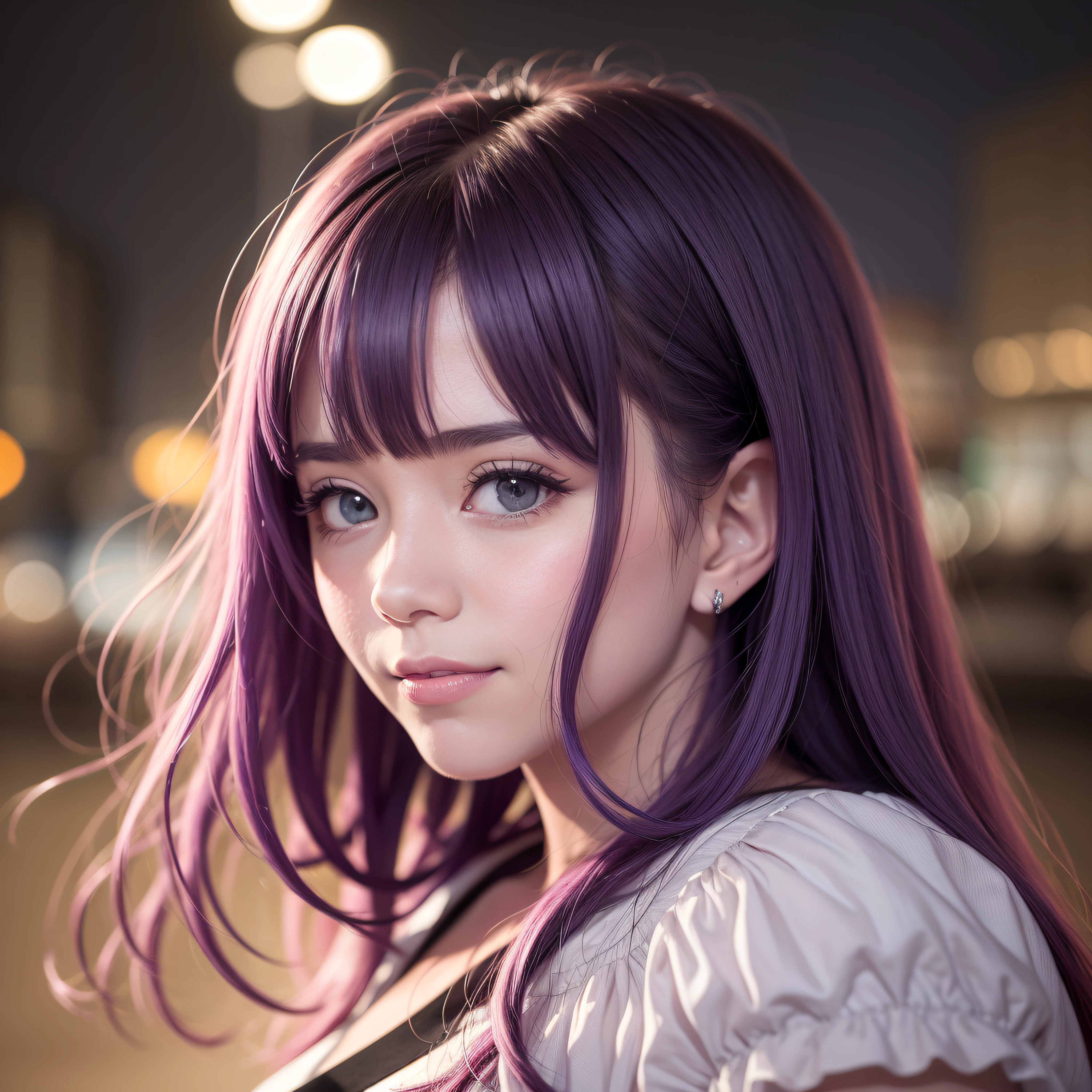 com cabelo branco longo cobrindo um dos olhos,com grandes olhos com iris vermelhas bem juntos horizontalmente ao nariz ,rosto com formato rosto redondo, com bochechas rosadas, com jaqueta preta,blusa preta,de batom roxo,segurando uma bola de fogo azul,com sorriso psicopata, in 100k resolution, In a blurred background of a city at night full of buildings illuminated with blue and red lights