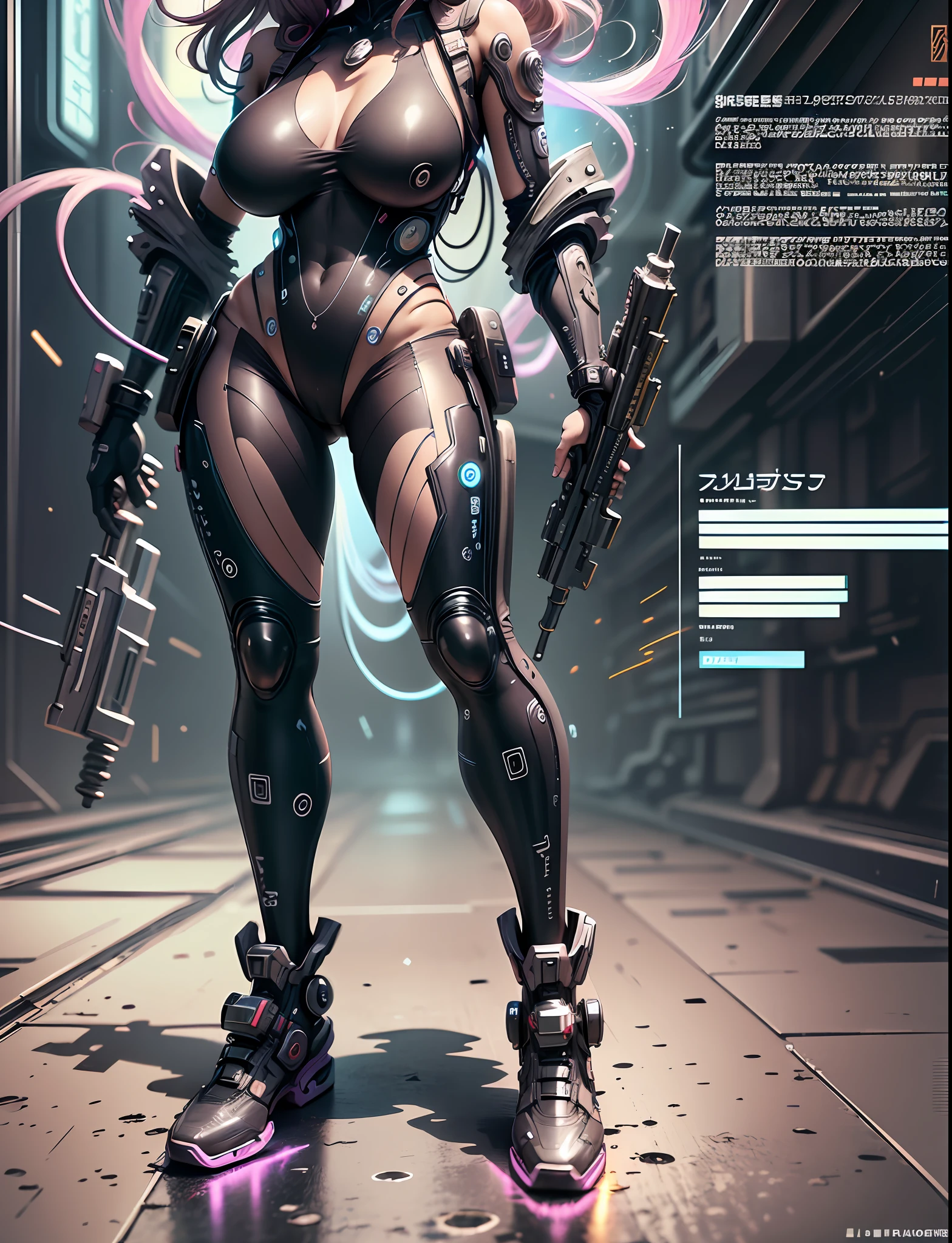 Japanese manga style character sheet of cyberpunk girl, front and back, full body, colorful cyberpunk bodysuit, white and black background, equipment, weapon, detailed, intricate