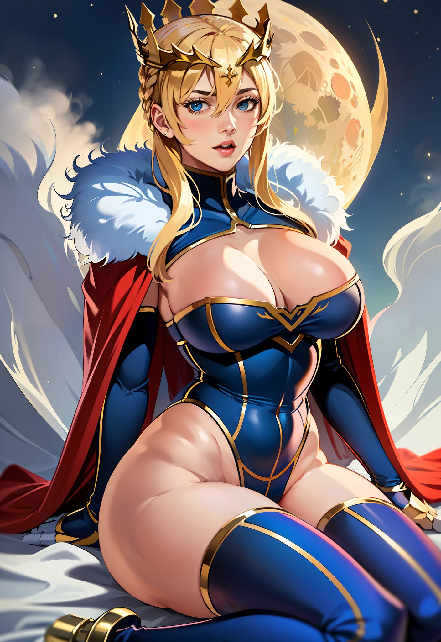 (original: 1.2), (SFW), Far Frame, solo, Masterpiece, Realistic, the best quality, beautiful clean face, a 1girl, (light hair, big chest, Slim, wide thighs), Worth, Lancer Artoria, ((Blue, Golden leotard, (red cape with white fur), blue stockings, boots), gold crown, erotica, moon, night, Simple background