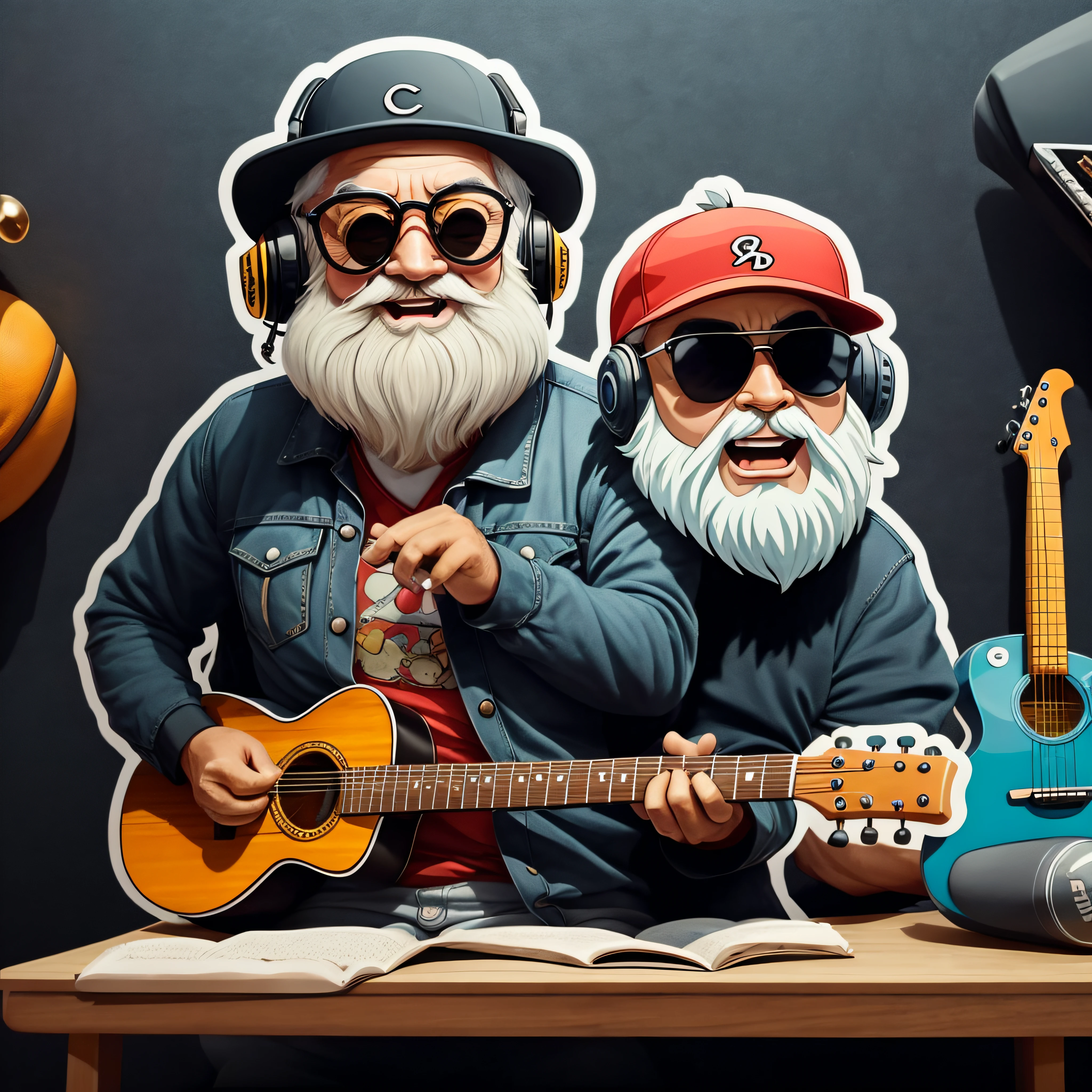 pegatina, Feliz colorido, 60-year-old mini man with baseball cap glasses and short white beard, con Auriculares y guitarra, kawaii, contorno, Vector, fondo blanco