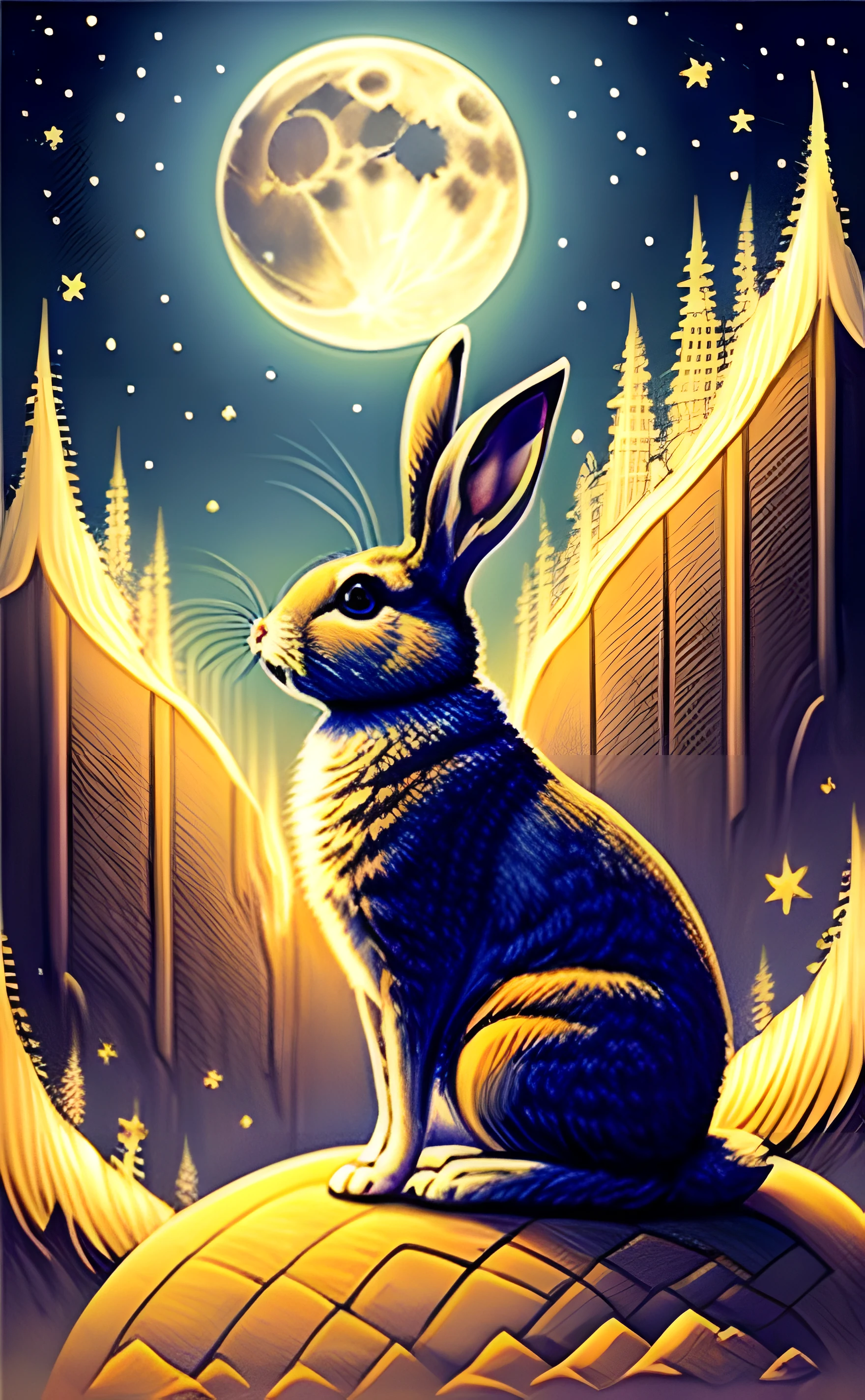 Full Moon (満月)
"A powerful, muscular rabbit standing on a hilltop, bathed in the light of a full moon. He radiates strength and leadership, overlooking a peaceful, happy rabbit village."