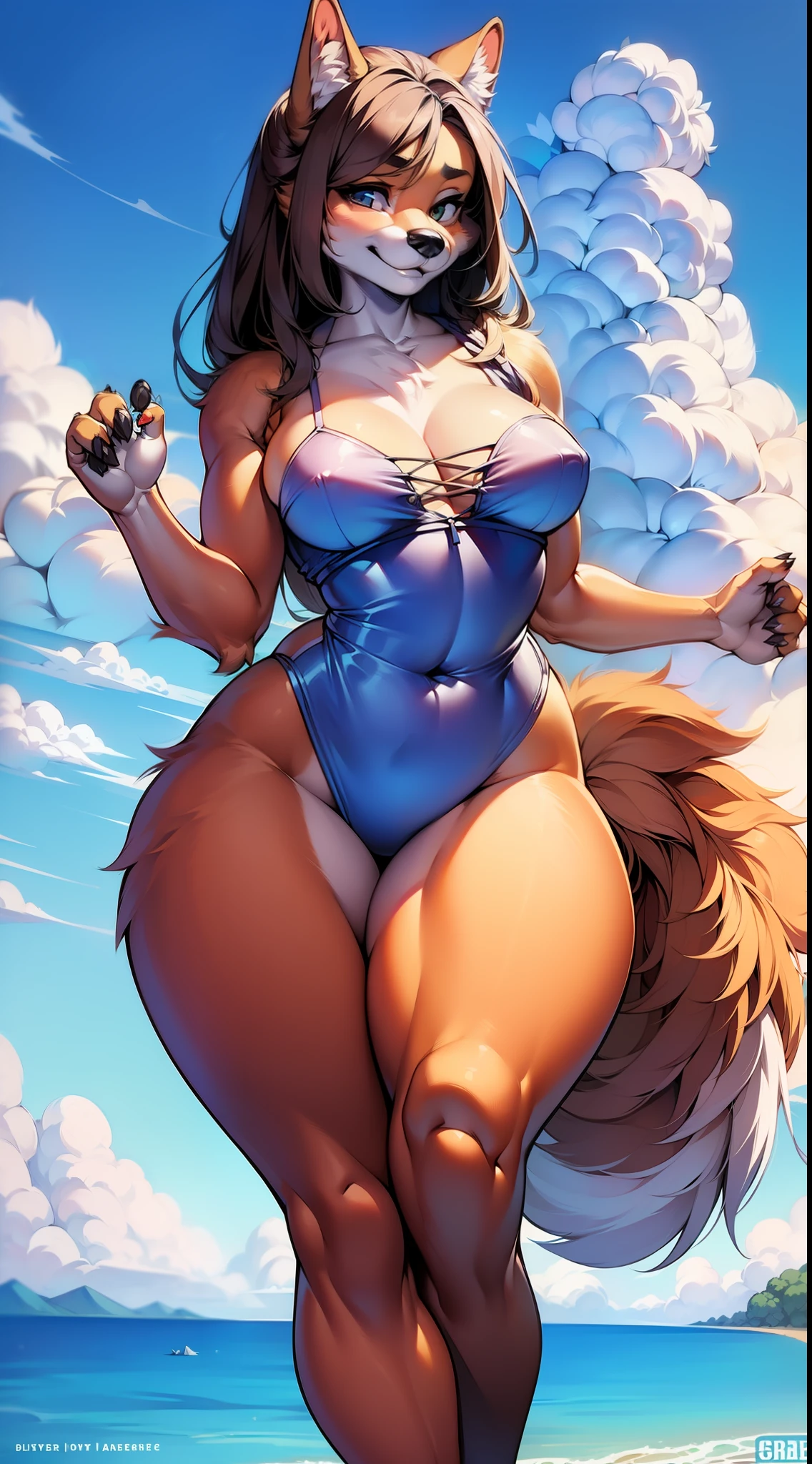 (anthro, fluffy fur, character focus:1.1), 1girl, anthro dog girl, body fur, solo, medium breasts, (thick thighs:0.3), curvy,(Swimsuit:1.2)