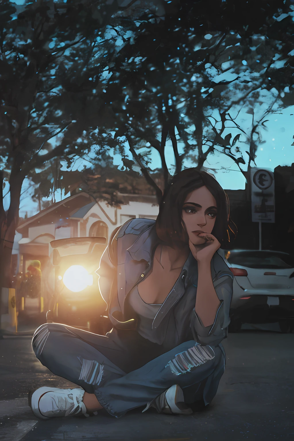 uma mulher sentada no meio da rua com um carro no fundo iluminando ela com o farol