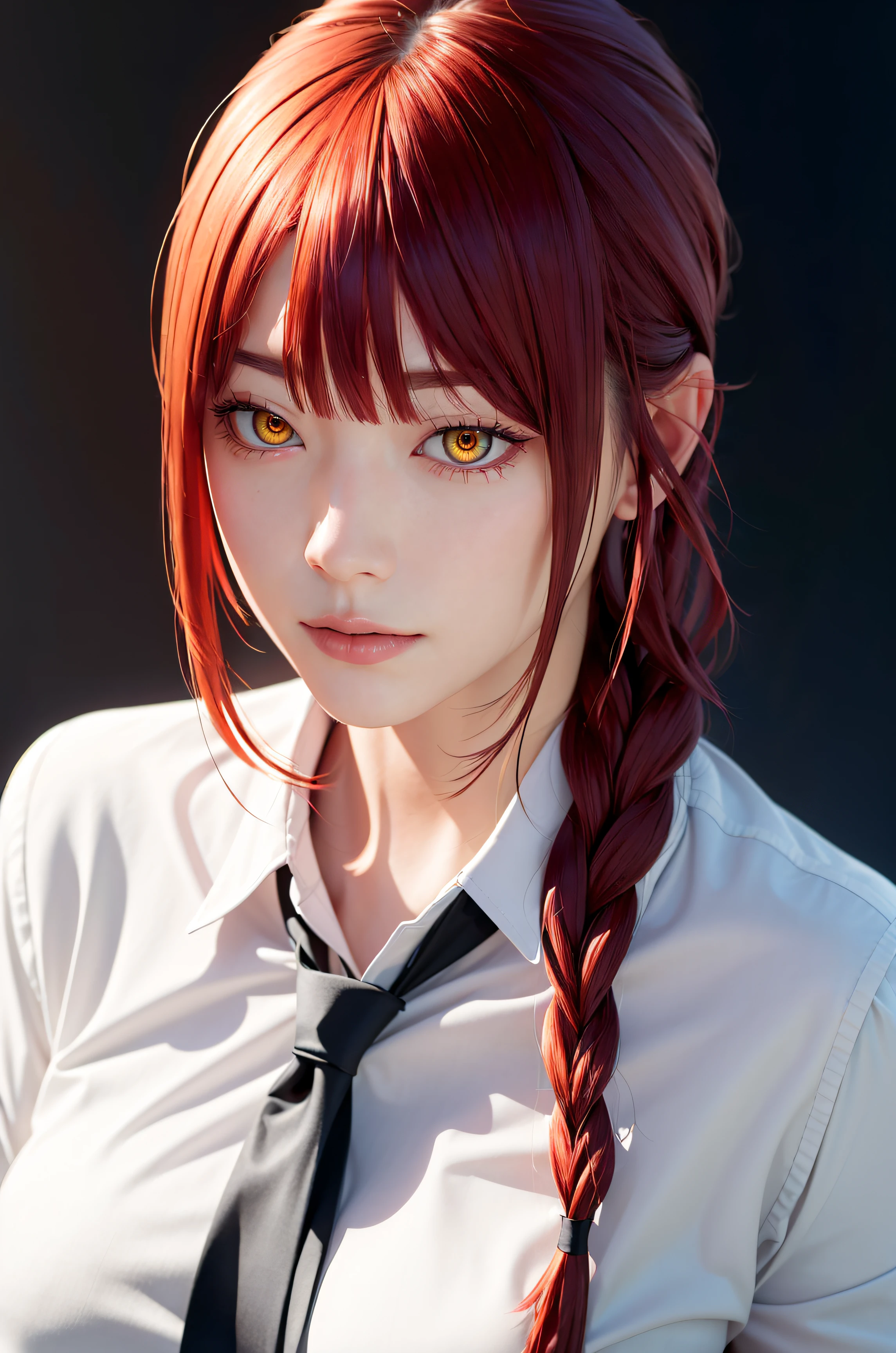 masterpiece, (photorealistic:1.4), best quality, beautiful lighting,
(ulzzang-6500:0.5), makima \(chainsaw man\), (red hair)+(long braided hair)+(bangs), yellow eyes, golden eyes, ((ringed eyes)), (white shirt), (necktie),
RAW photo, 8k uhd, film grain