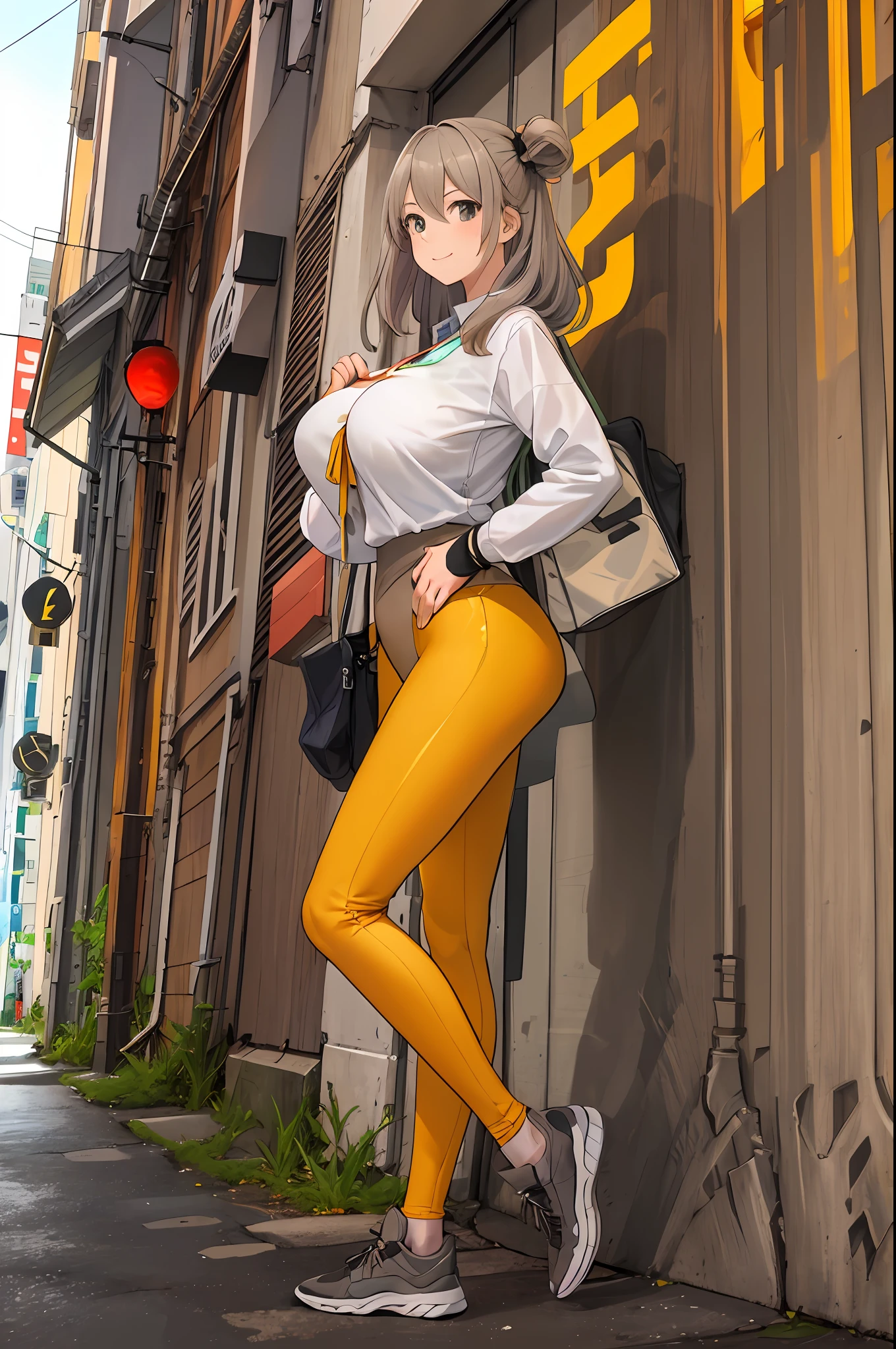 sfw,best quality, ultra high res,ultral detailed face and eyes, (photorealistic:1.4), blurry background,1girl,from side, put hands behind back, girl,teenage,school uniform,from beside,(black:white:green yoga pants), (light brown:red:grey hair:1.4), looking at viewer, smiling, cute, huge ass,(long legs:1.2),huge breast,narrow waist,crossing the wall,cameltoe,