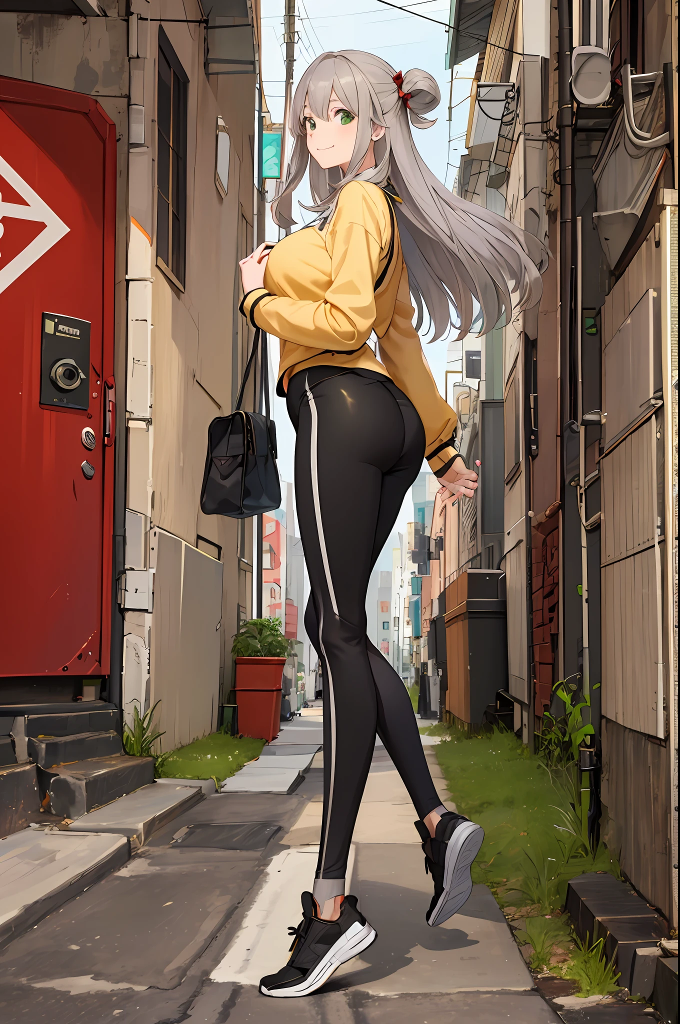 sfw,best quality, ultra high res,ultral detailed face and eyes, (photorealistic:1.4), blurry background,1girl,from side, put  hands behind  back,************ girl,teenage,school uniform,from beside,(black:white:green yoga pants), (light brown:red:grey hair:1.4), looking at viewer, smiling, cute, huge ass,(long legs:1.2),huge breast,narrow waist,crossing the wall,cameltoe,