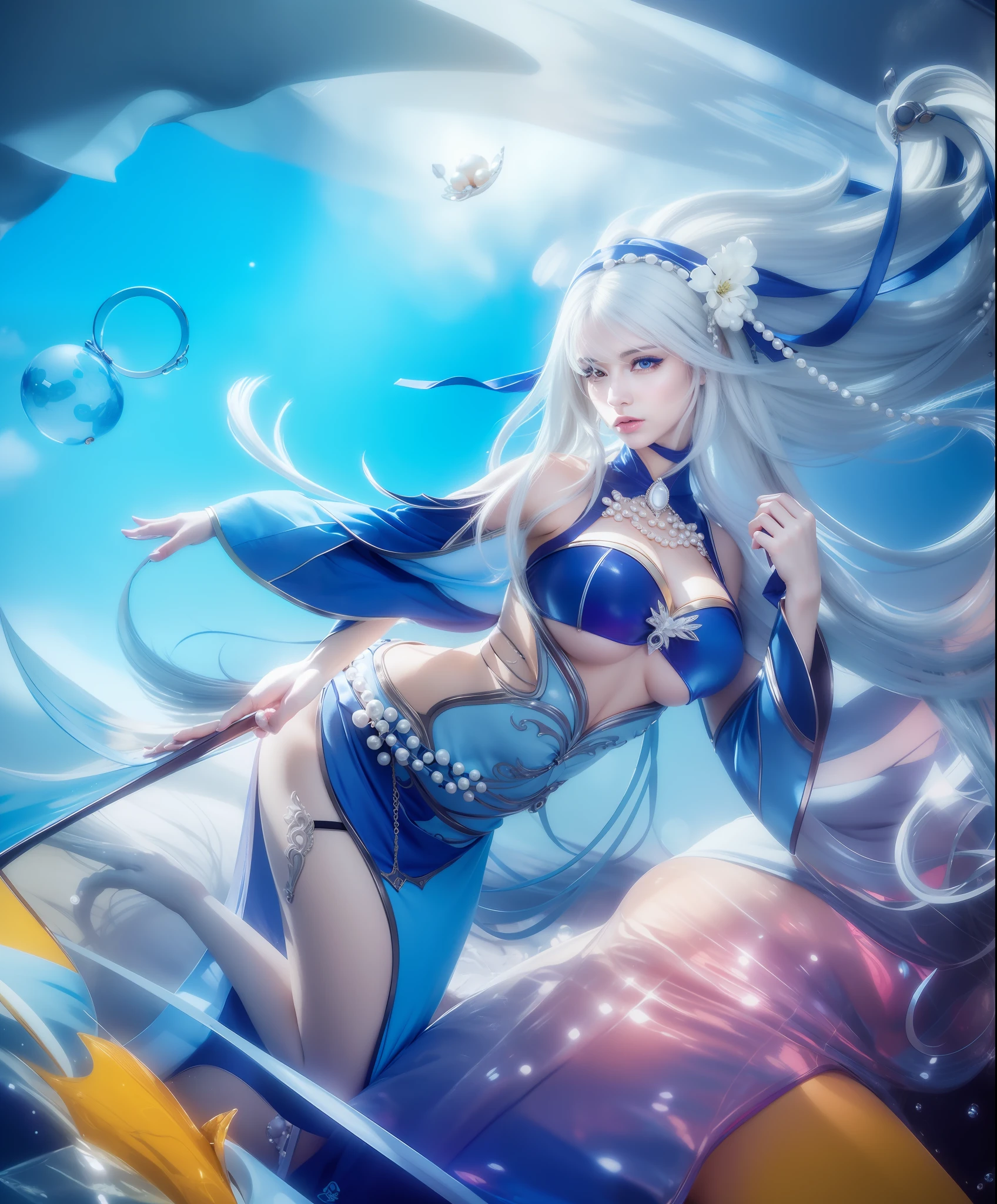 Woman, beautiful face, piercing gaze, blue eyes, Sexy blue dress, long white hair with perfect pearl necklace, ultra realistic, photorealistic, masterpiece, detail