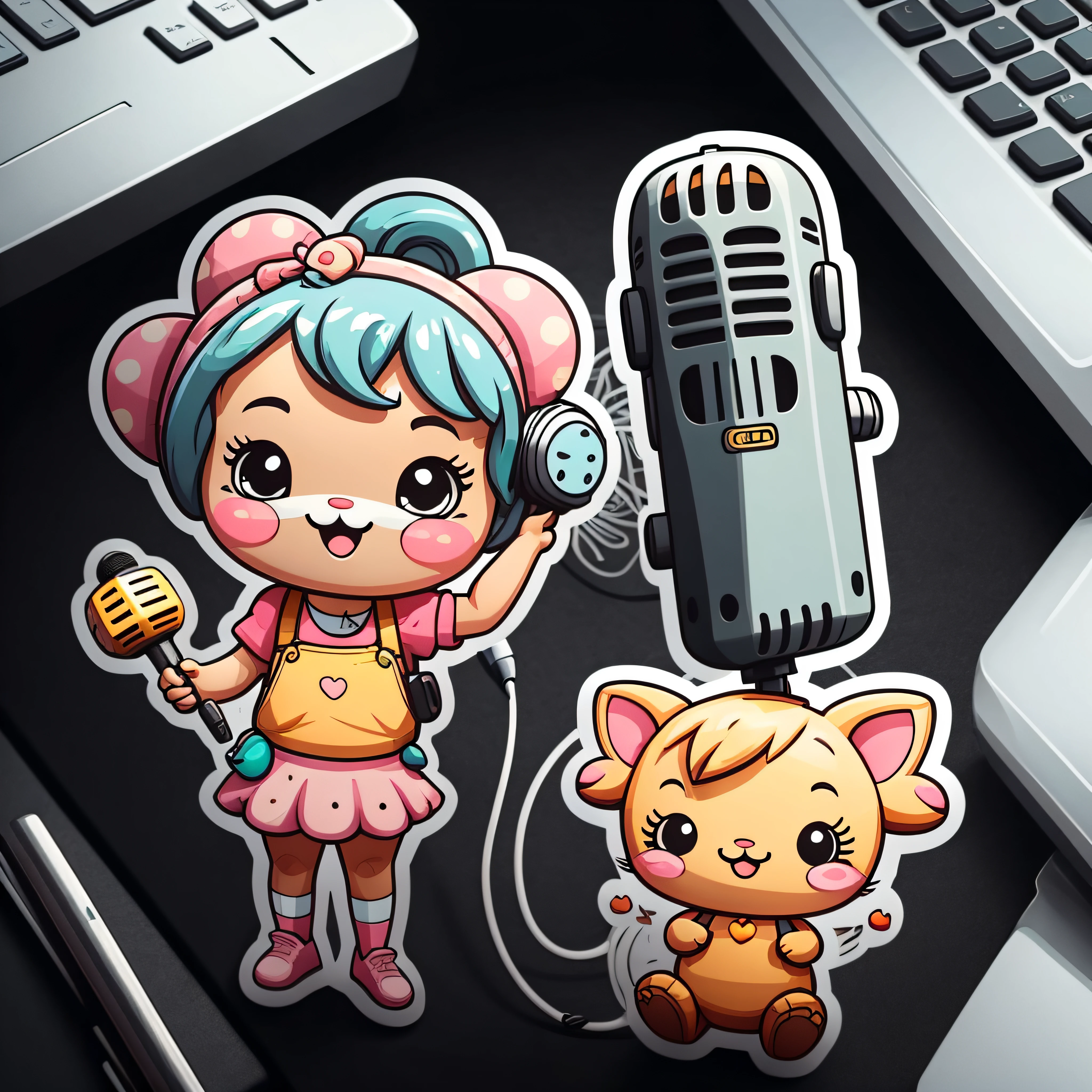 pegatina, microphone, kawaii, contorno, Vector, fondo blanco