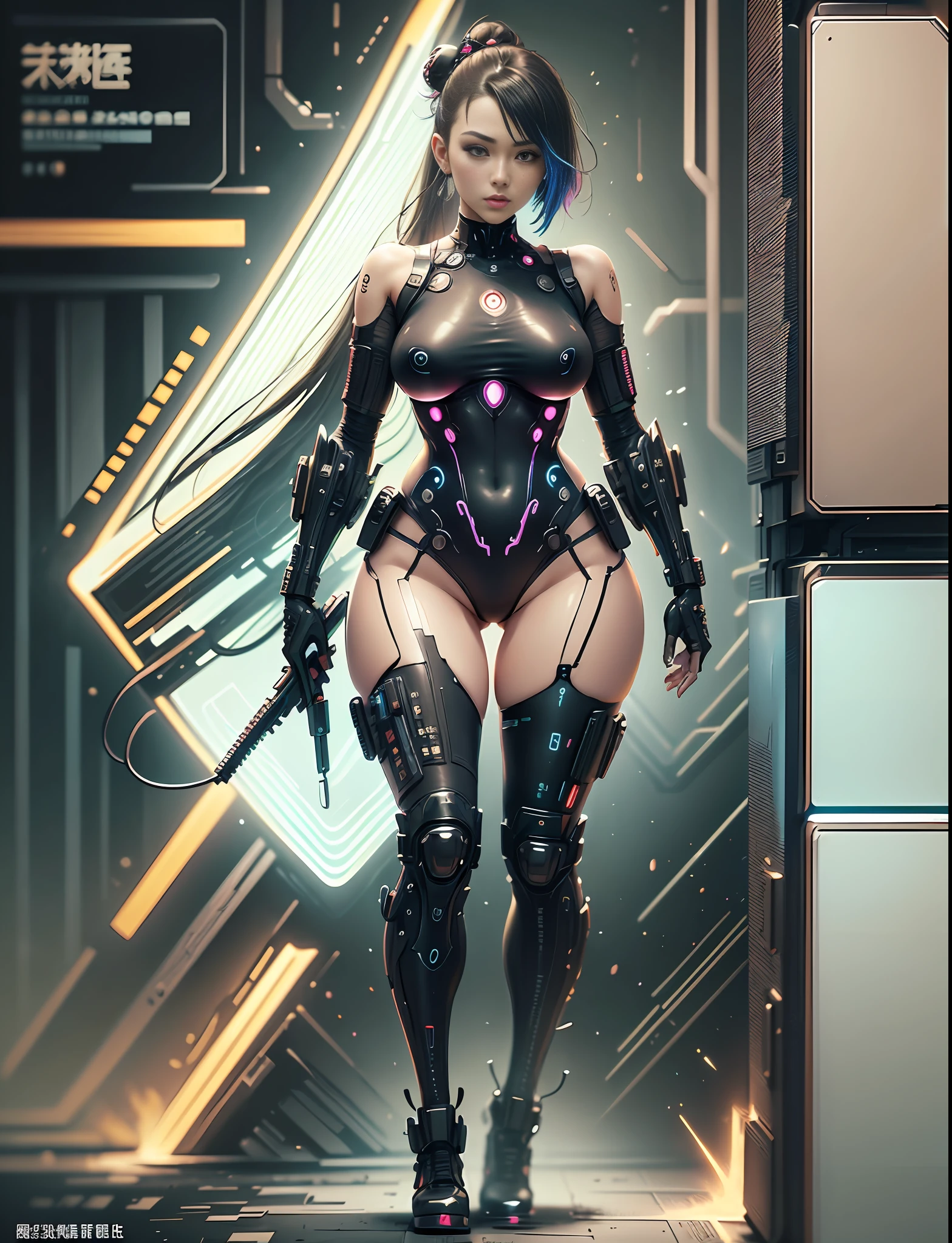 Japanese manga style character sheet of cyberpunk girl, front and back, full body, colorful cyberpunk bodysuit, white and black background, equipment, weapon, detailed, intricate