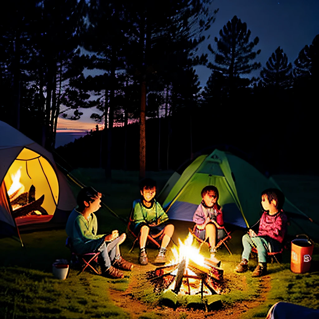 Children sitting around a campfire with dawn in the background, with trees and tents, um riacho perto do acampamento