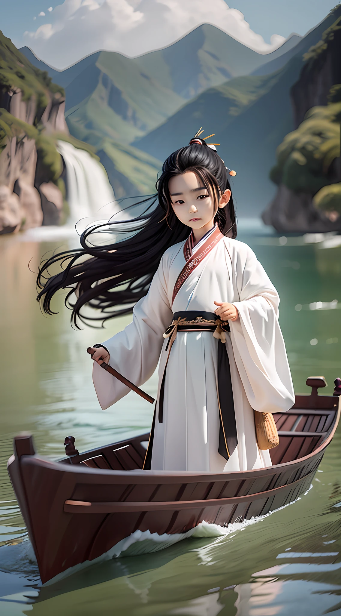 (Masterpiece),(Need),(Super meticulous),(Entire body:1.2)，（A ：1.3，cachinnation：1.3，White Hanfu，with long black hair，Sit in a small boat，The boat is rafting on the water)，（backdrop：Yangtze，Water streaks，boat，The wine altar on board，Mountains on both sides of the Yangtze River，）chibi，Full body