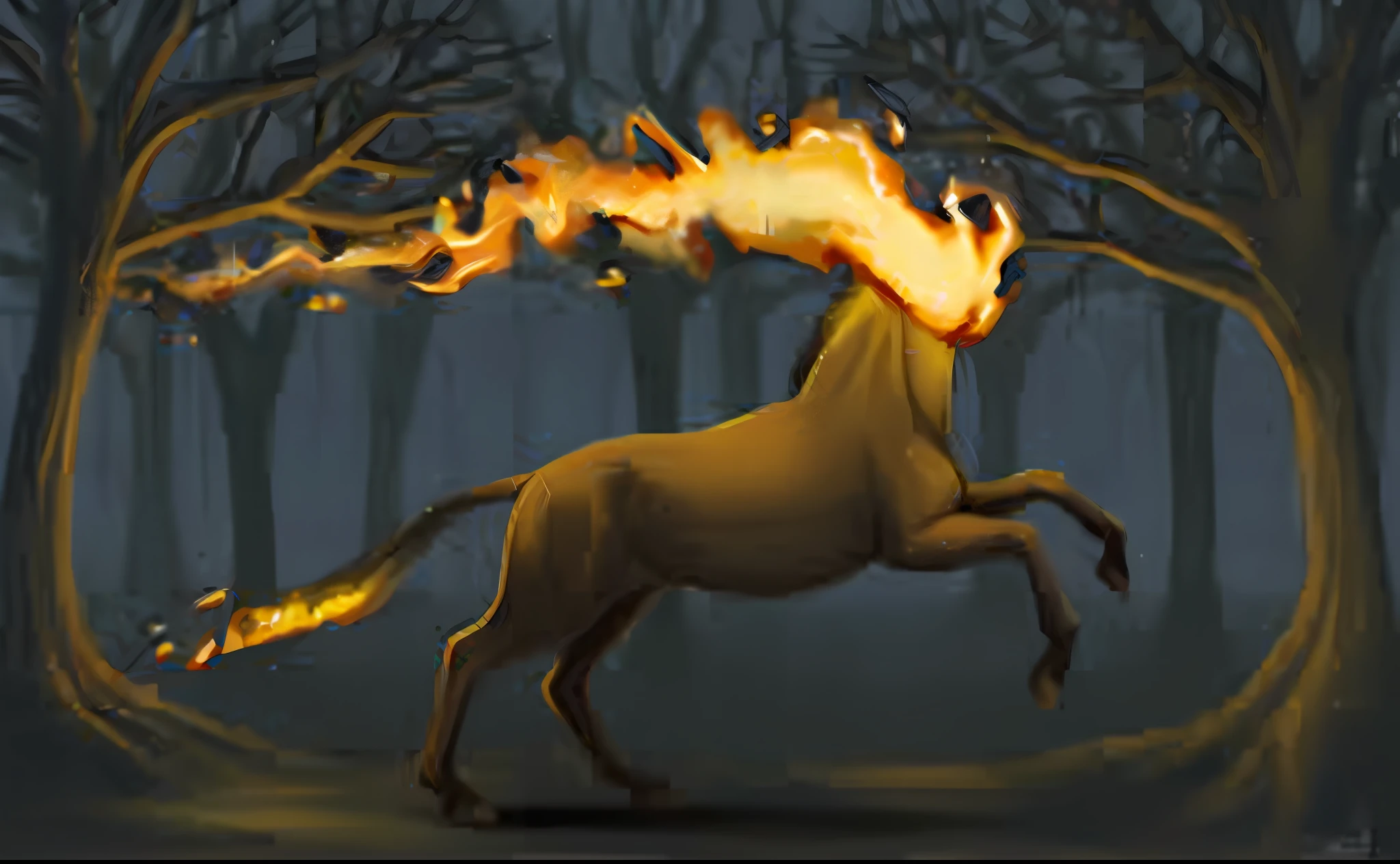 pintura de um cavalo com uma trilha de fogo na floresta, ghost of the fire spirit, Cavalo Centauro, Sleipnir, flame conjuring, fire and flames mane, mythical creature, Horse, Centauroo macho Centauroo quimera, Centauro, A mythical creature, Cavalo digital, fires!! hiper-realista, flame conjuring armored, anthropomorphic horse