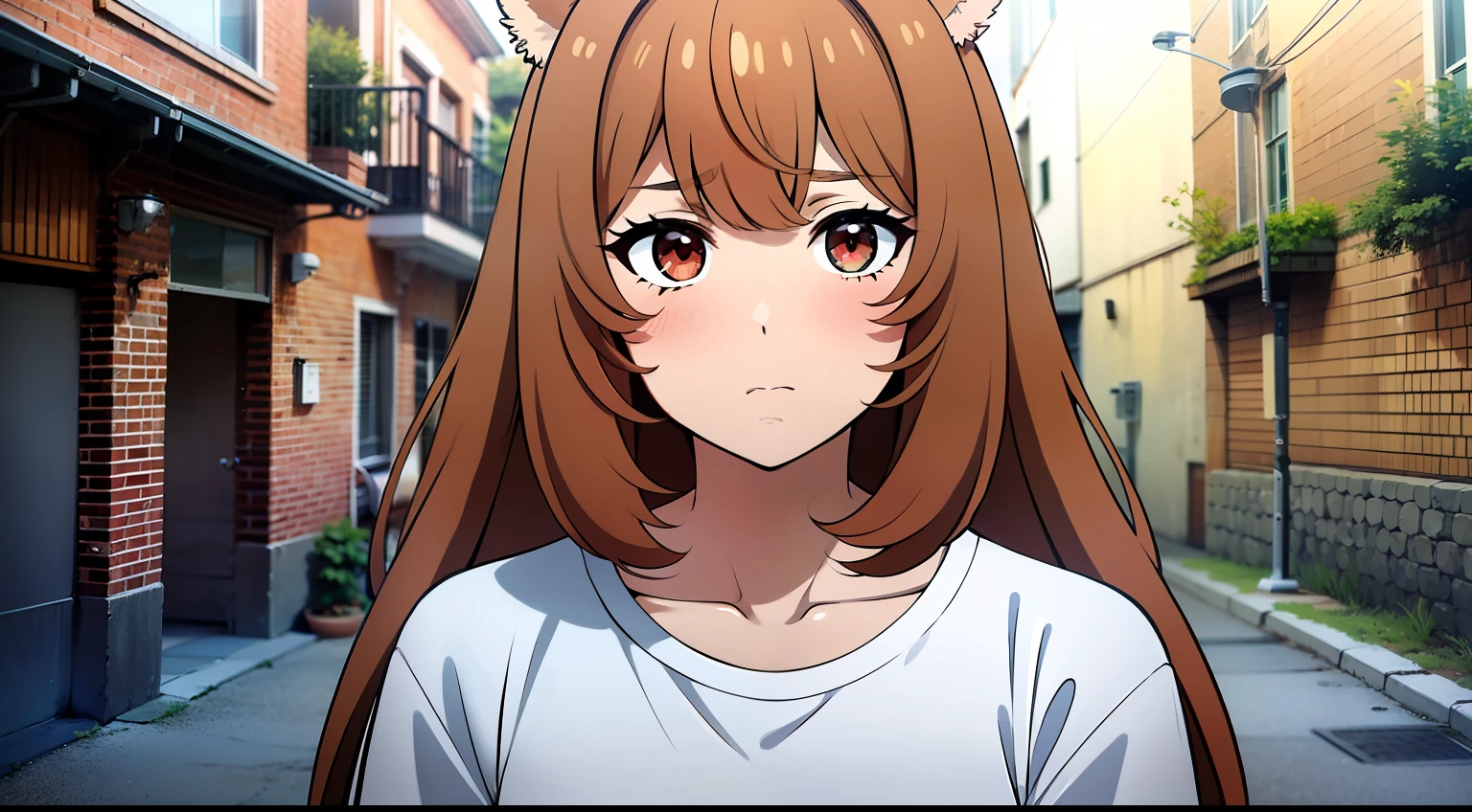 obra maestra, Raphtalia, brownhair, orejas de animal, ojos rojos, cara triste, gritando, white t-shirt, en medio de la calle, retrato