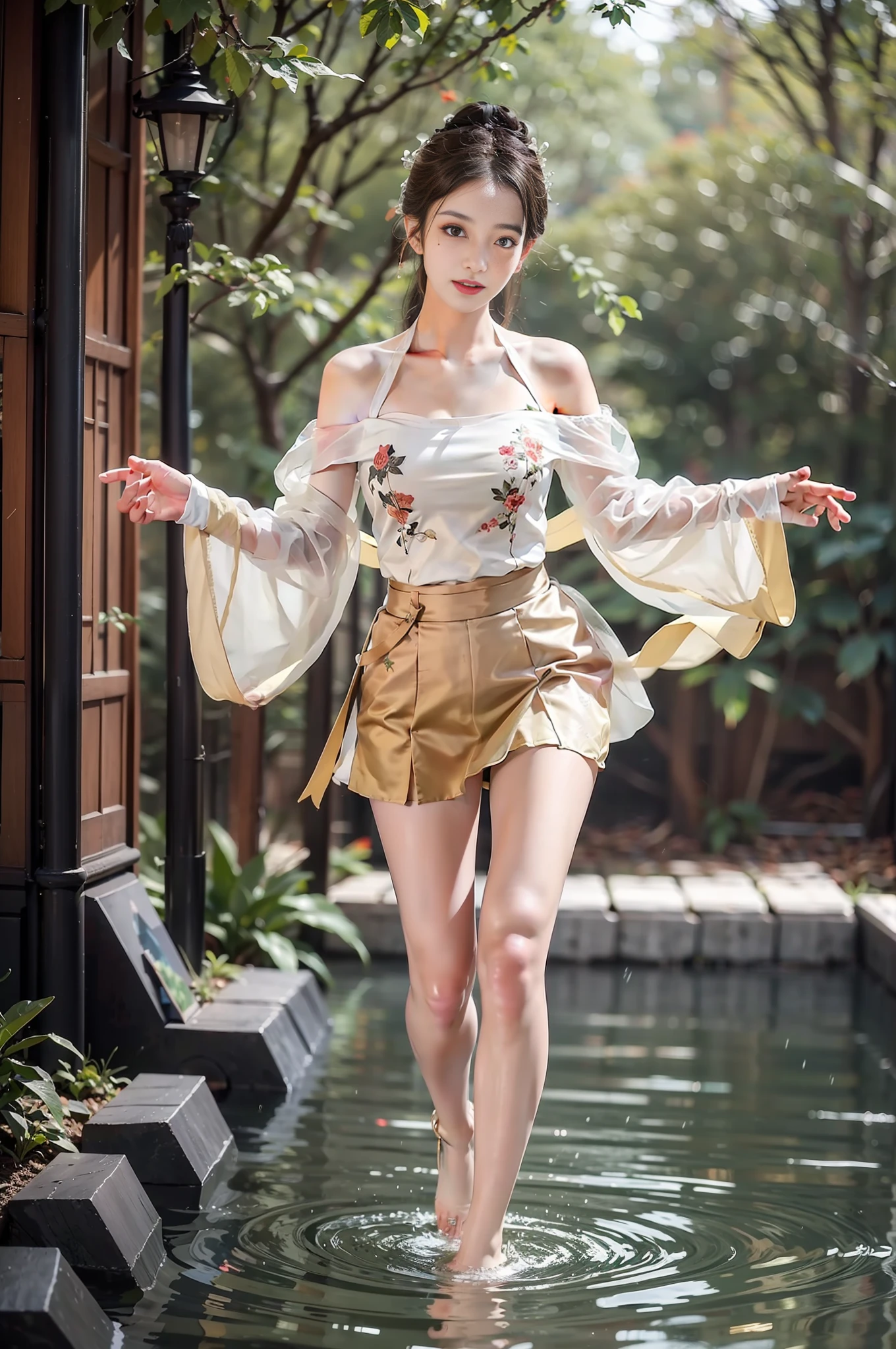 1girl, solo, brunette hair, ,(blood volume: 1),, full body, (realism: 1.4), official art, unreal 8k wallpaper, super detailed, beautiful aesthetics, masterpiece, best quality, (dynamic angle: 1.4), , elegant, bright colors, romantic, sexy, transparent, see-through, Chinese Hanfu, bare breast, (transparent skirt), barefoot, (wet), (see-through), (liquid running down the thighs), light yellow skirt, (hands tied behind the back))