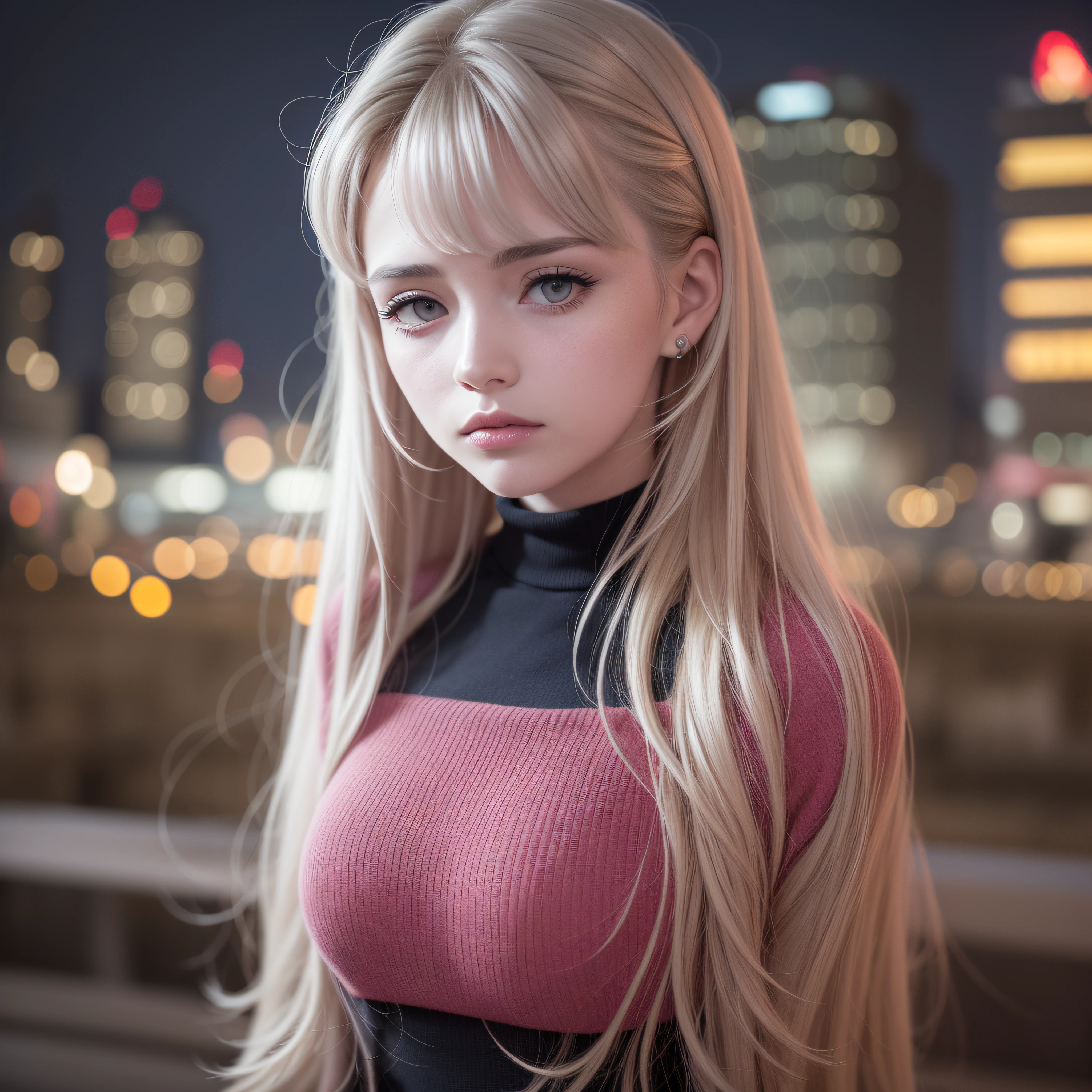 menina de 15 anos com cabelo branco longo cobrindo um dos olhos,com grandes olhos azuis bem juntos horizontalmente ao nariz ,rosto com formato redondo, com bochechas rosadas, com jaqueta preta,blusa preta,de batom preto,in 100k resolution, In a blurred background of a city at night full of buildings illuminated with blue and red lights