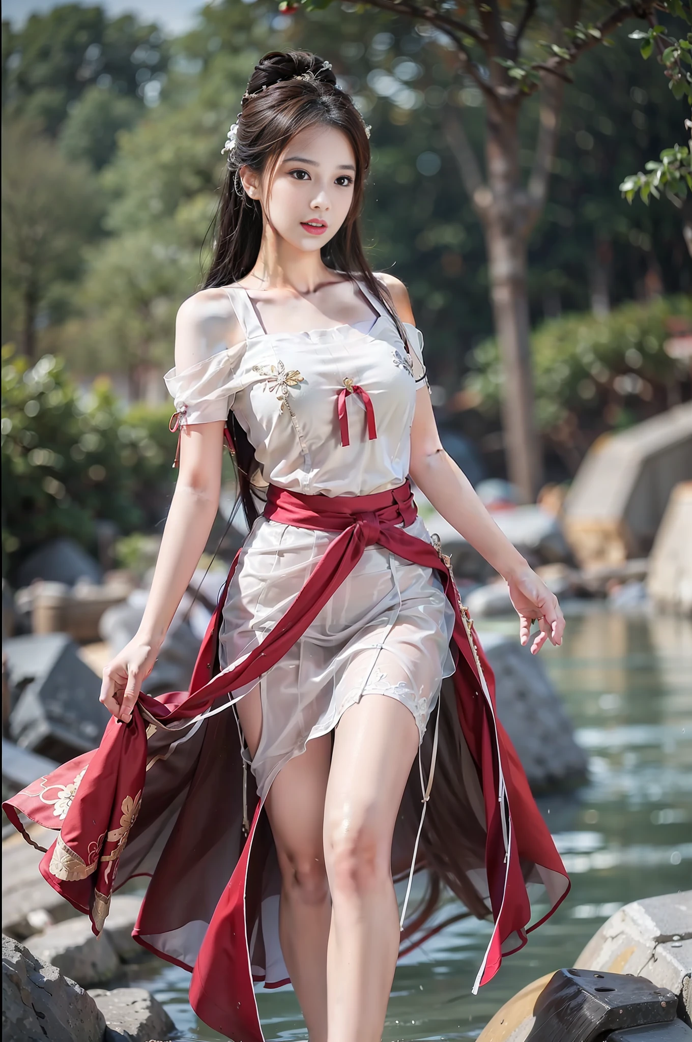 1girl, solo, brunette hair, ,(blood volume: 1),, full body, (realism: 1.4), official art, unreal 8k wallpaper, super detailed, beautiful aesthetics, masterpiece, best quality, (dynamic angle: 1.4), , elegant, bright colors, romantic, sexy, transparent, see-through, Chinese Hanfu, bare breast, (transparent skirt), barefoot, (wet), (see-through), (liquid running down the thighs), light yellow skirt, (hands tied behind the back))