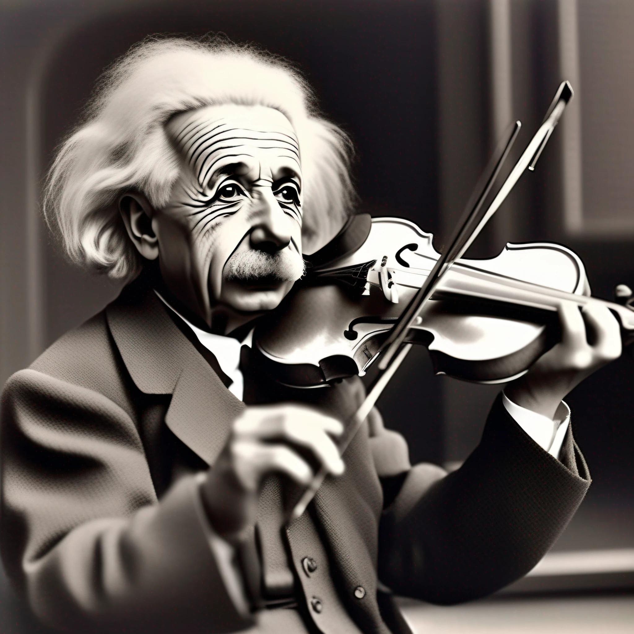 Einstein amazed with violin in his hands