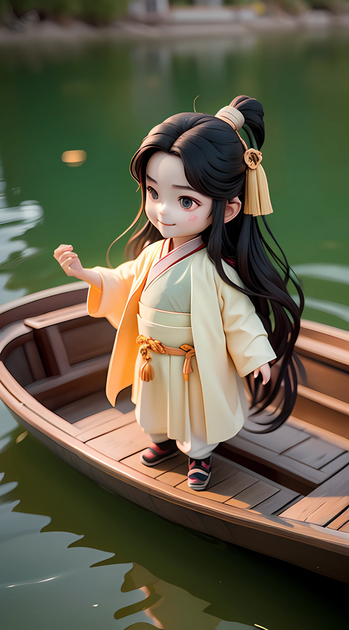 (Masterpiece),(Need),(Super meticulous),(Entire body:1.2),(A :1.3,Smile white Hanfu,with long black hair,Stand on a small wooden boat,Small wooden boats drift on the river),(backdrop:Yangtze,Water streaks,Small wooden boat,The wine altar on board,Mountains on both sides of the Yangtze River,),Chibi T-Shi,Full body