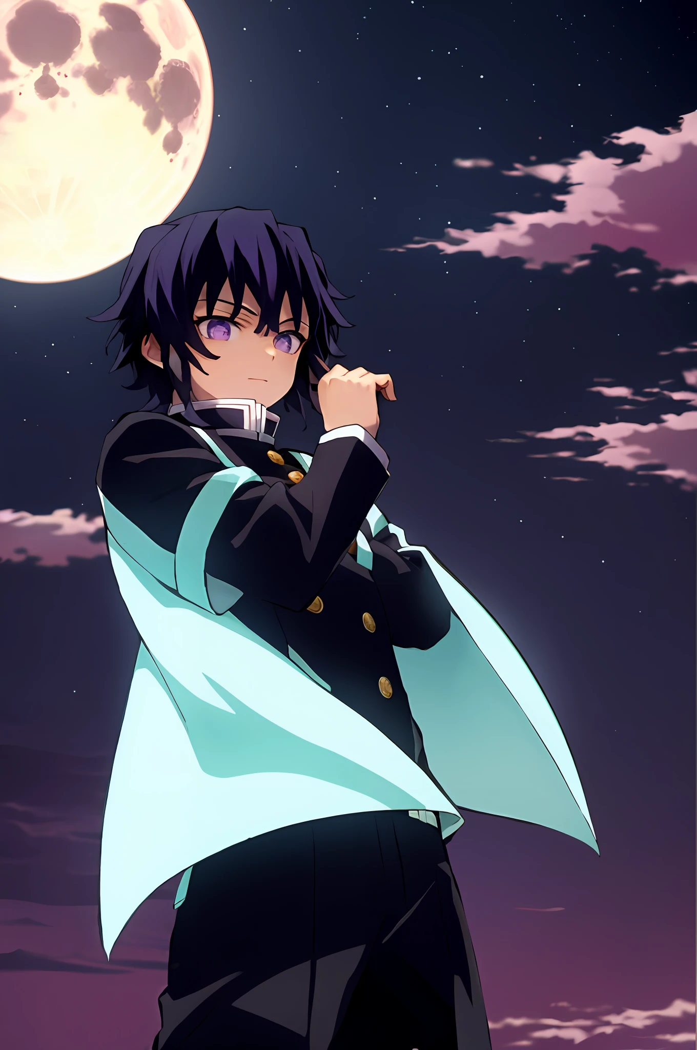 Kimetsu no estilo yaiba, 1boy, Uniform demon slayer, somente, pele escura, purple eyes, cabelos pretos, cabelo roxo, Capa preta, cobrir, ao ar livre, Noite, lua, Anime coloring, ((Masterpiece)),