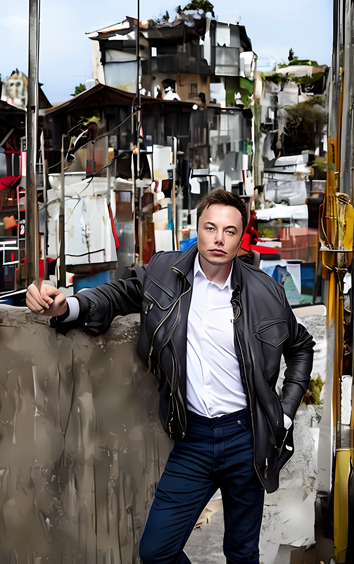 Elon musk in favela, corpo inteiro, mal vestido, com estilo de pobre