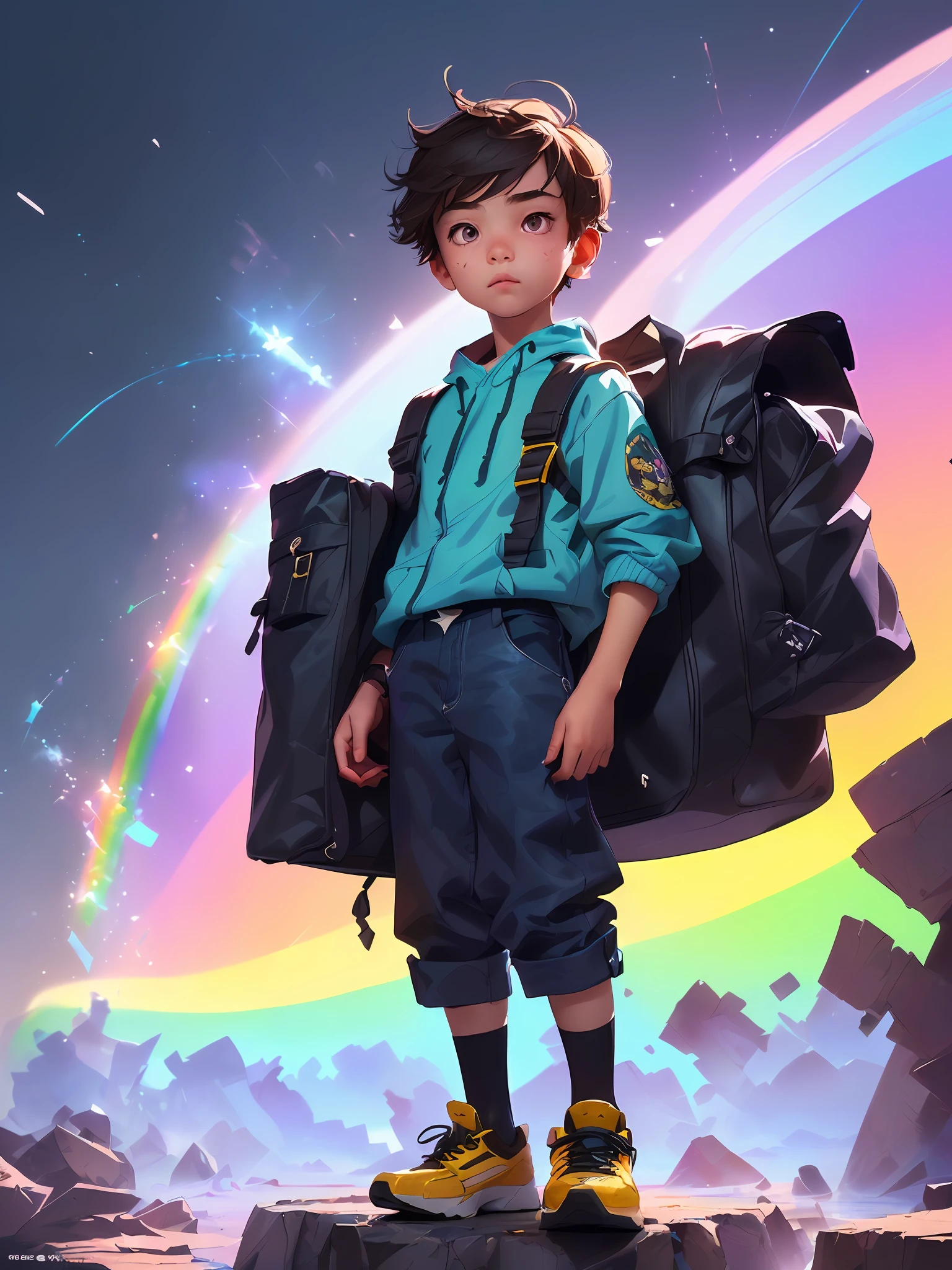 (((Rainbow Daytime Sky)), boy, towards the future, masterpiece, highest quality, ((Photorealistic: 1.4)) Masterpiece, illustration, very delicate and beautiful, highly detailed CG, 8k wallpaper, amazing, fine detail, highly detailed CG Unity 8k wallpaper, huge file size, super detail, ultra high resolution, high resolution, very detail, (( Very detailed eyes and face)), beautiful detailed eyes, very detailed face, perfect lighting, face light, natural colors, ((10-year-old y))partu (rough style with the whole body including both legs)), the future is bright, (((rainbow daytime sky)), lights from the front, glowing eyes,