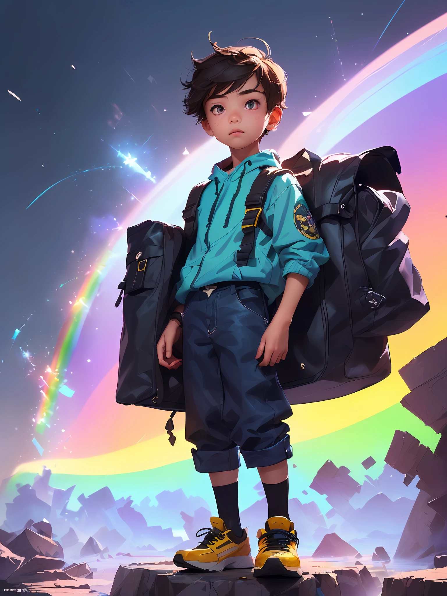 (((Rainbow Daytime Sky)), 10 years old boy, towards the future, masterpiece, highest quality, ((Photorealistic: 1.4)) Masterpiece, illustration, very delicate and beautiful, highly detailed CG, 8k wallpaper, amazing, fine detail, highly detailed CG Unity 8k wallpaper, huge file size, super detail, ultra high resolution, high resolution, very detail, (( Very detailed eyes and face)), beautiful detailed eyes, very detailed face, perfect lighting, face light, natural colors, ((10-year-old boy)), departure, (rough style with the whole body including both legs)), the future is bright, (((rainbow daytime sky)), lights from the front, glowing eyes,